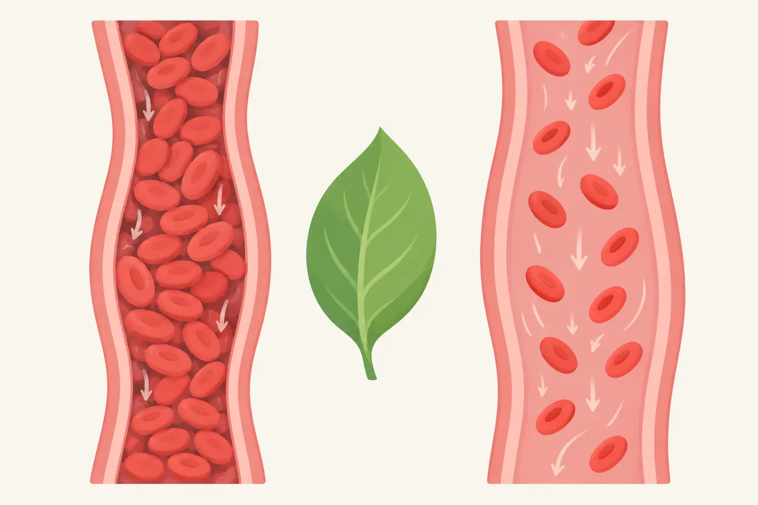 Illustration of two blood vessels, one crowded with red cells and one flowing freely, with a green leaf between them