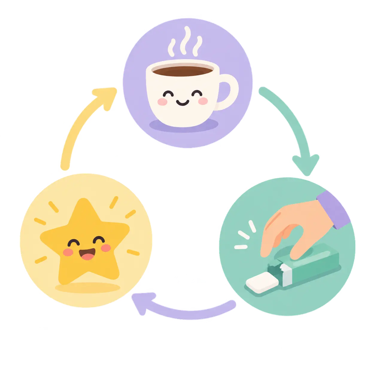 Illustration of a habit loop with a coffee cup, a hand choosing gum instead of a cigarette and a reward star