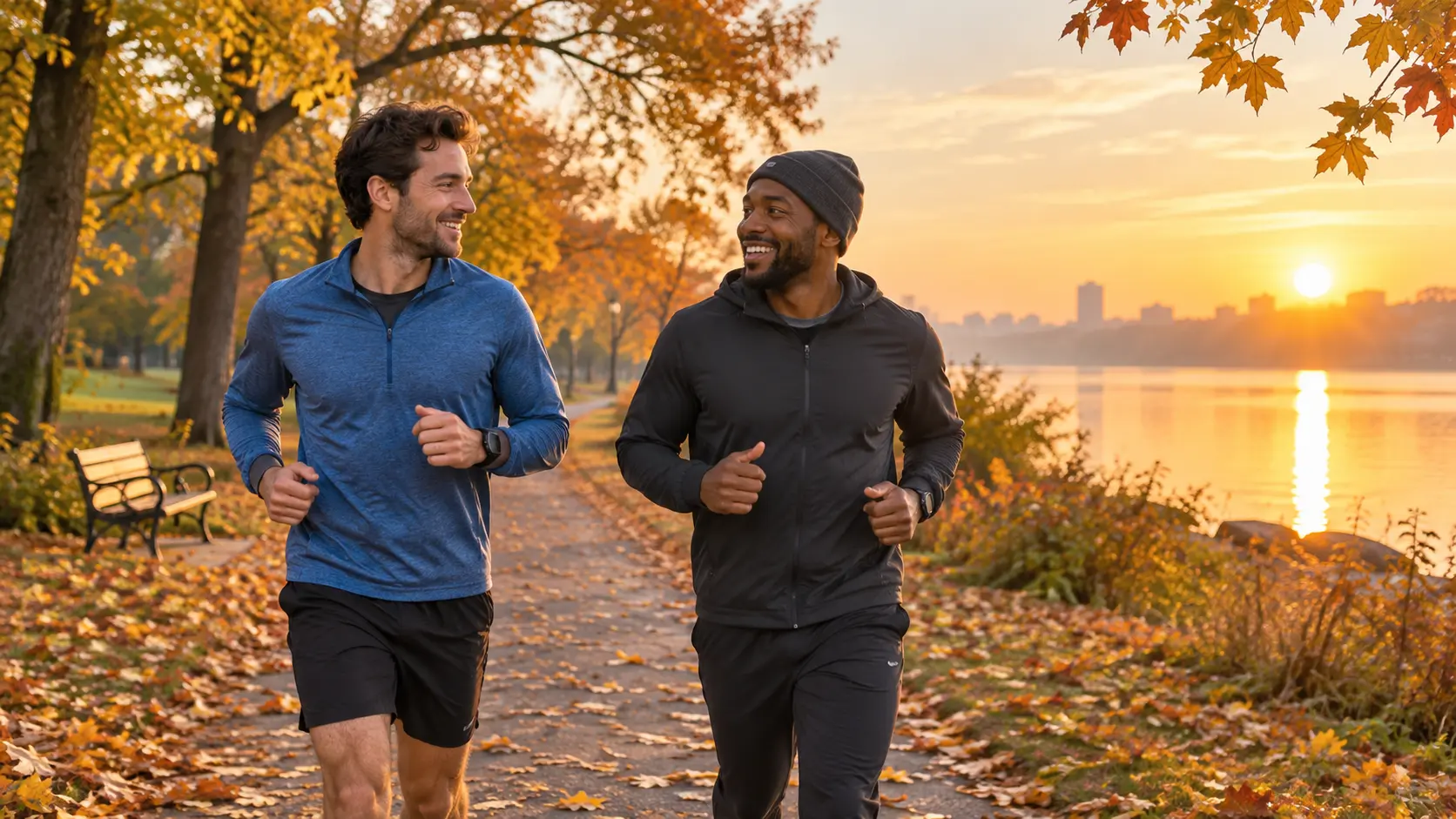 Illustration of two friends jogging together in a park at sunrise