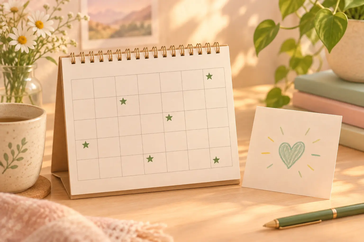 Illustration of a calendar with milestone dates marked by stars beside a handwritten card with a heart