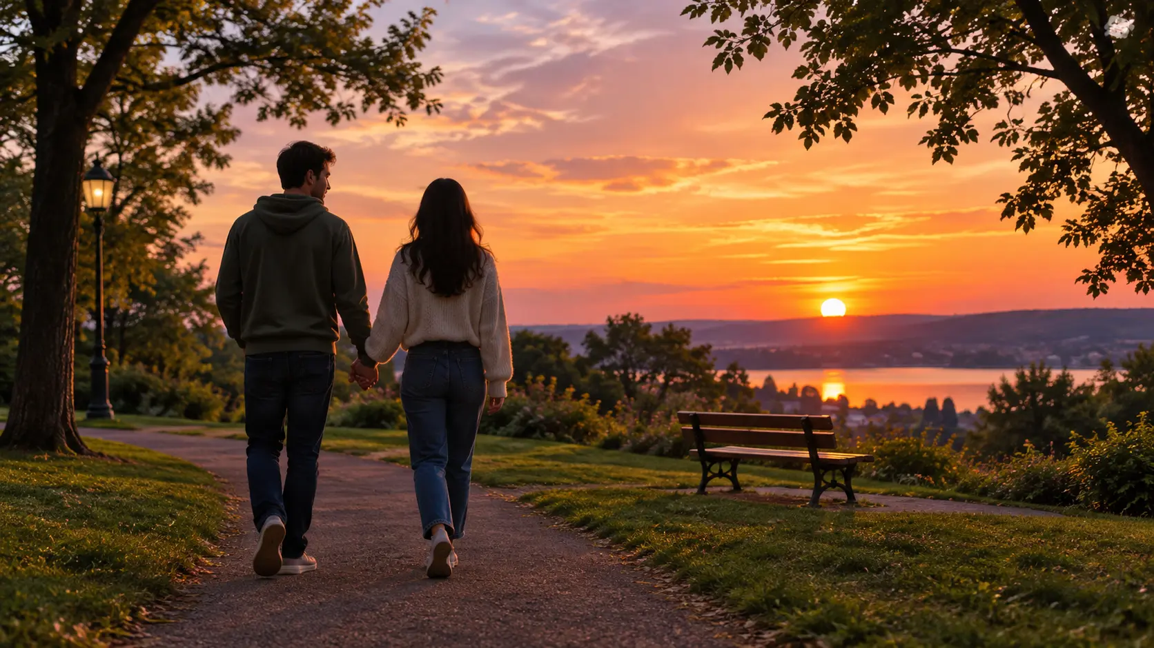 Two partners walking together in a park at sunset as a smoke-free activity
