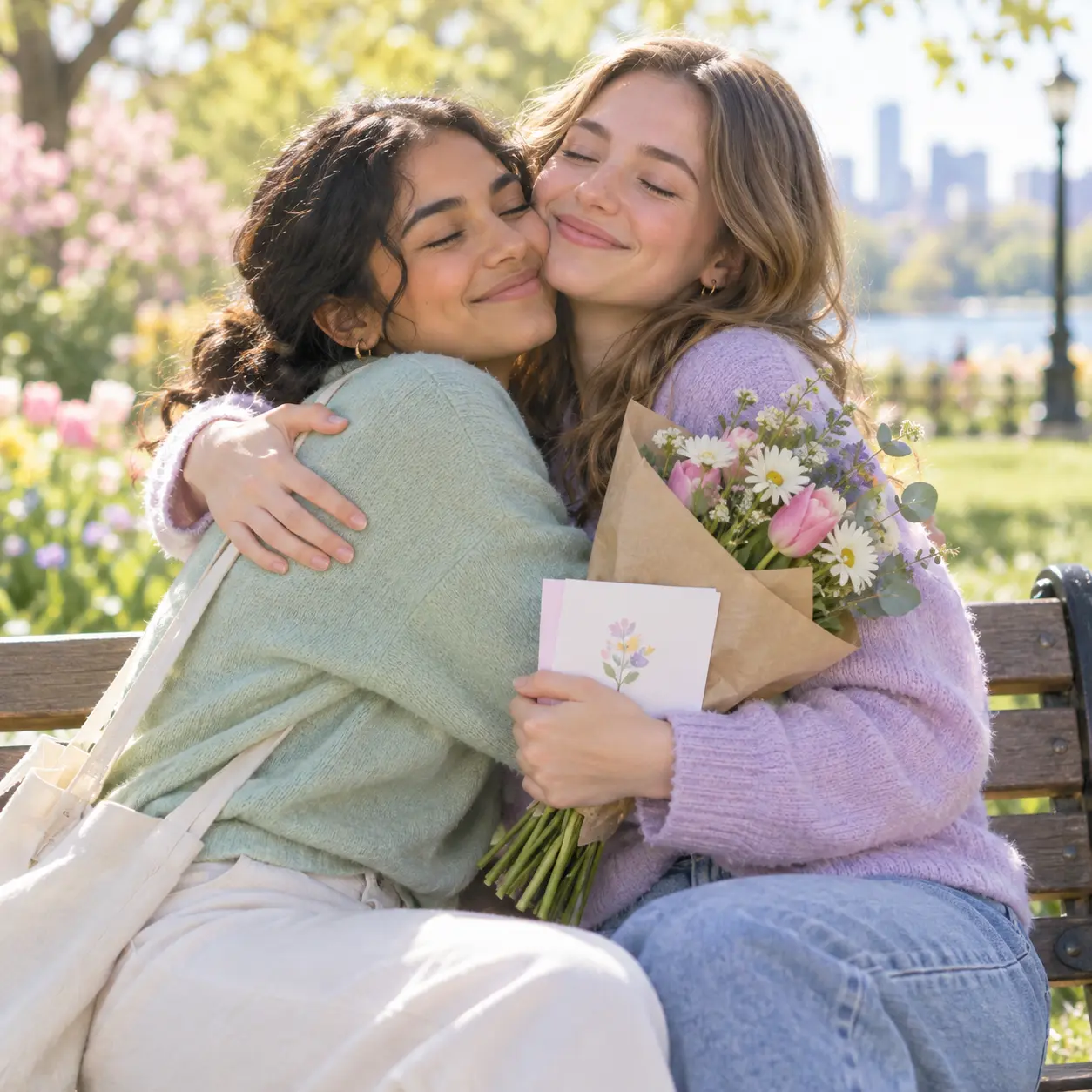 Illustration of two friends hugging on a park bench, one holding a small bouquet and a card