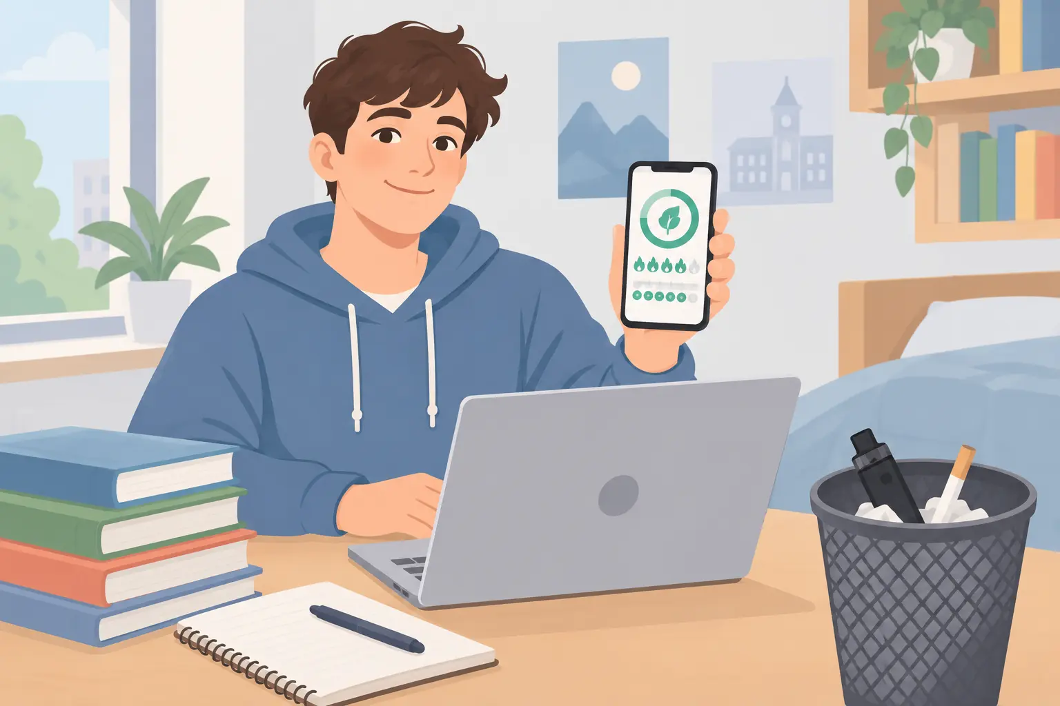 College student at a desk holding a phone with a quit progress streak, with a vape and cigarette in the bin