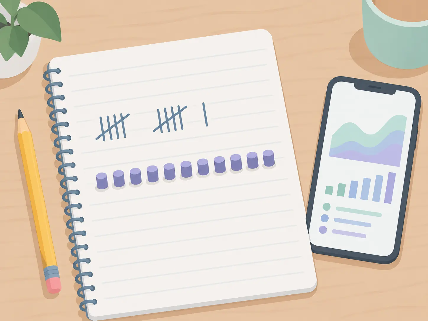 Illustration of a notebook with tally marks for counting daily heated tobacco sticks beside a phone chart