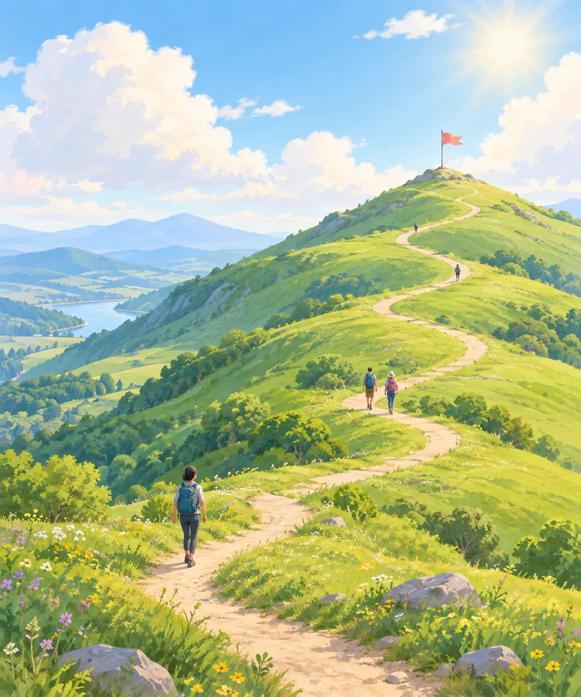 Illustration of a winding path over green hills toward a flag on a hilltop representing Scotland's goal of a tobacco free future
