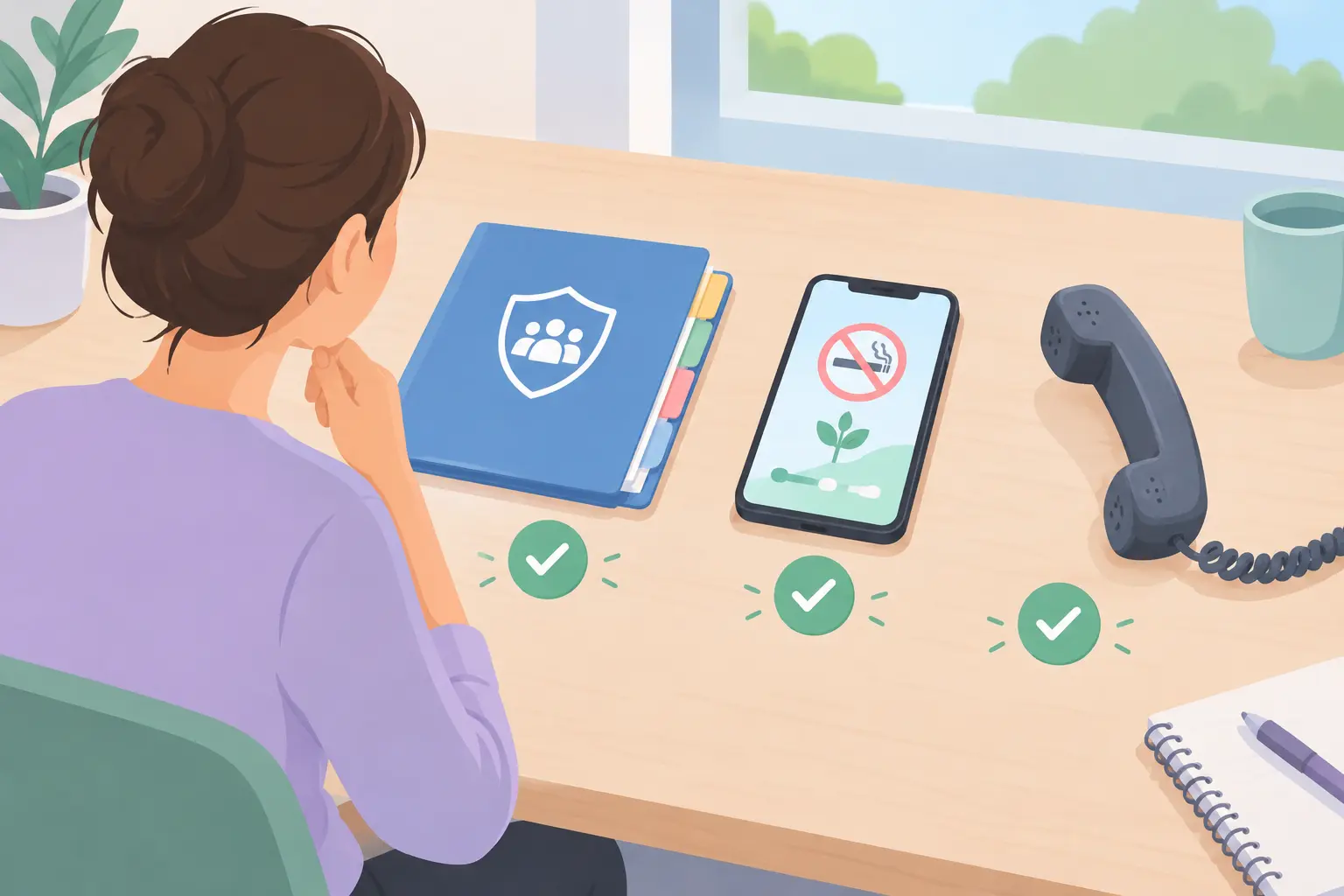 Illustration of a person comparing a benefits folder, a phone app and a coaching handset when choosing a quit program