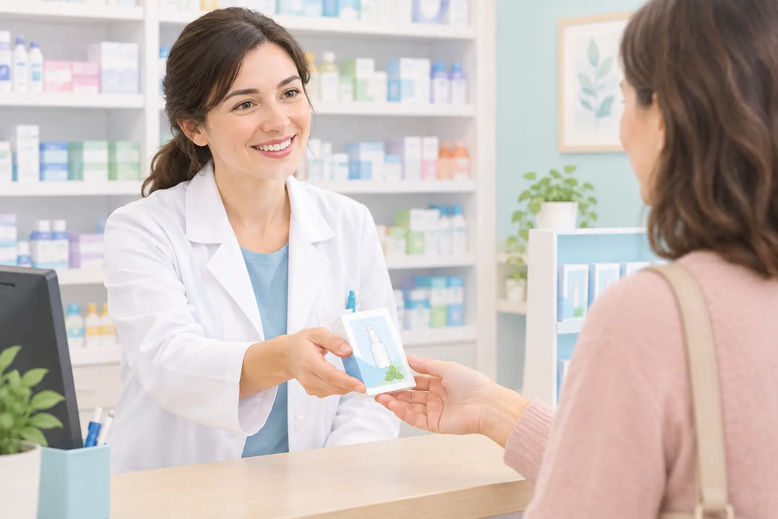 A pharmacist at a counter handing a customer a small box with a mouth spray, soft pastel colors