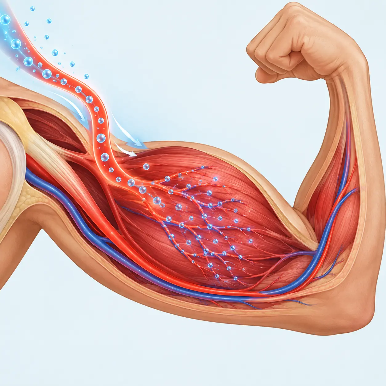 Illustration of an arm muscle with blood vessels delivering oxygen, representing muscle recovery after quitting smoking