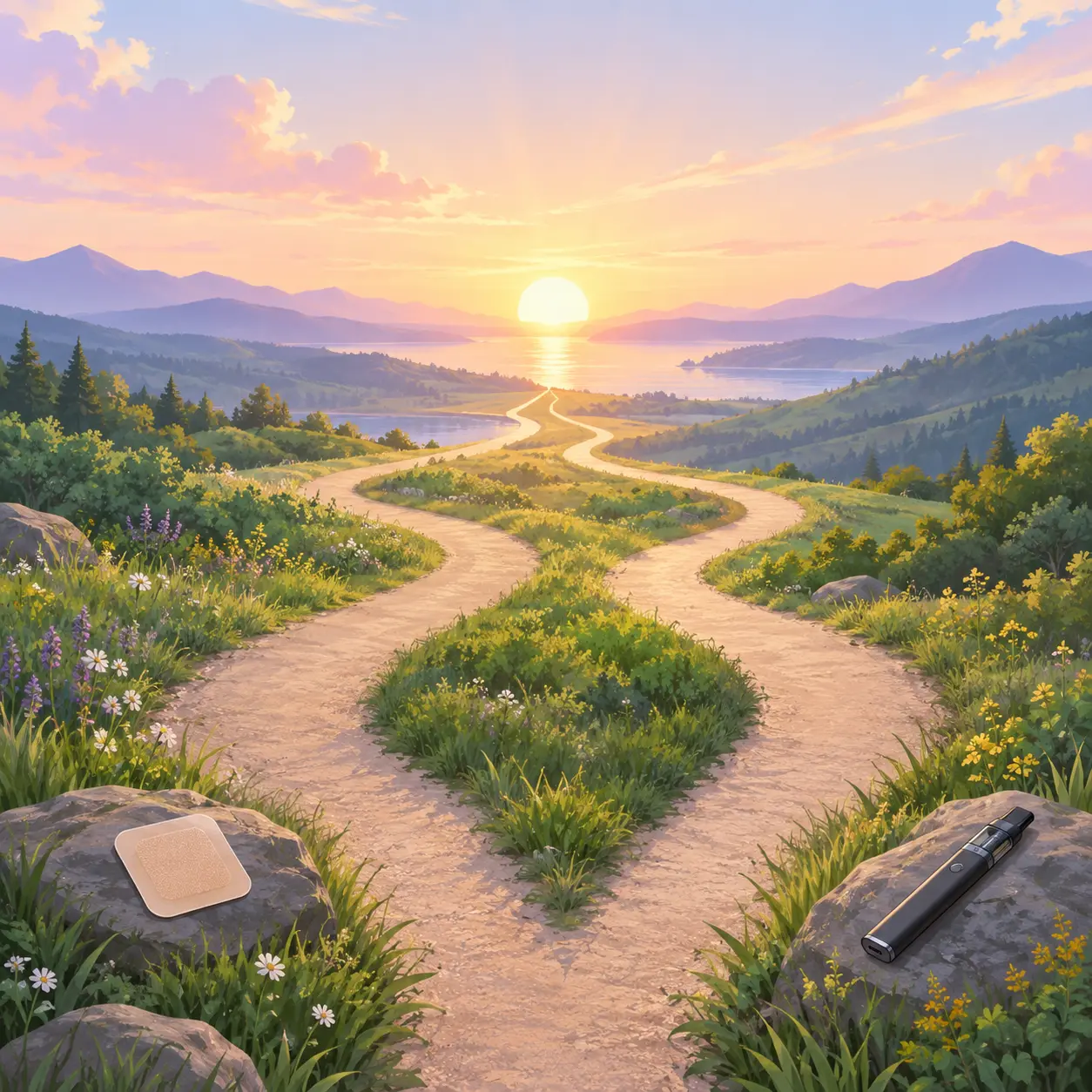 Two paths leading to the same sunrise, one marked with a patch and the other with a vape pen, representing two ways to quit smoking