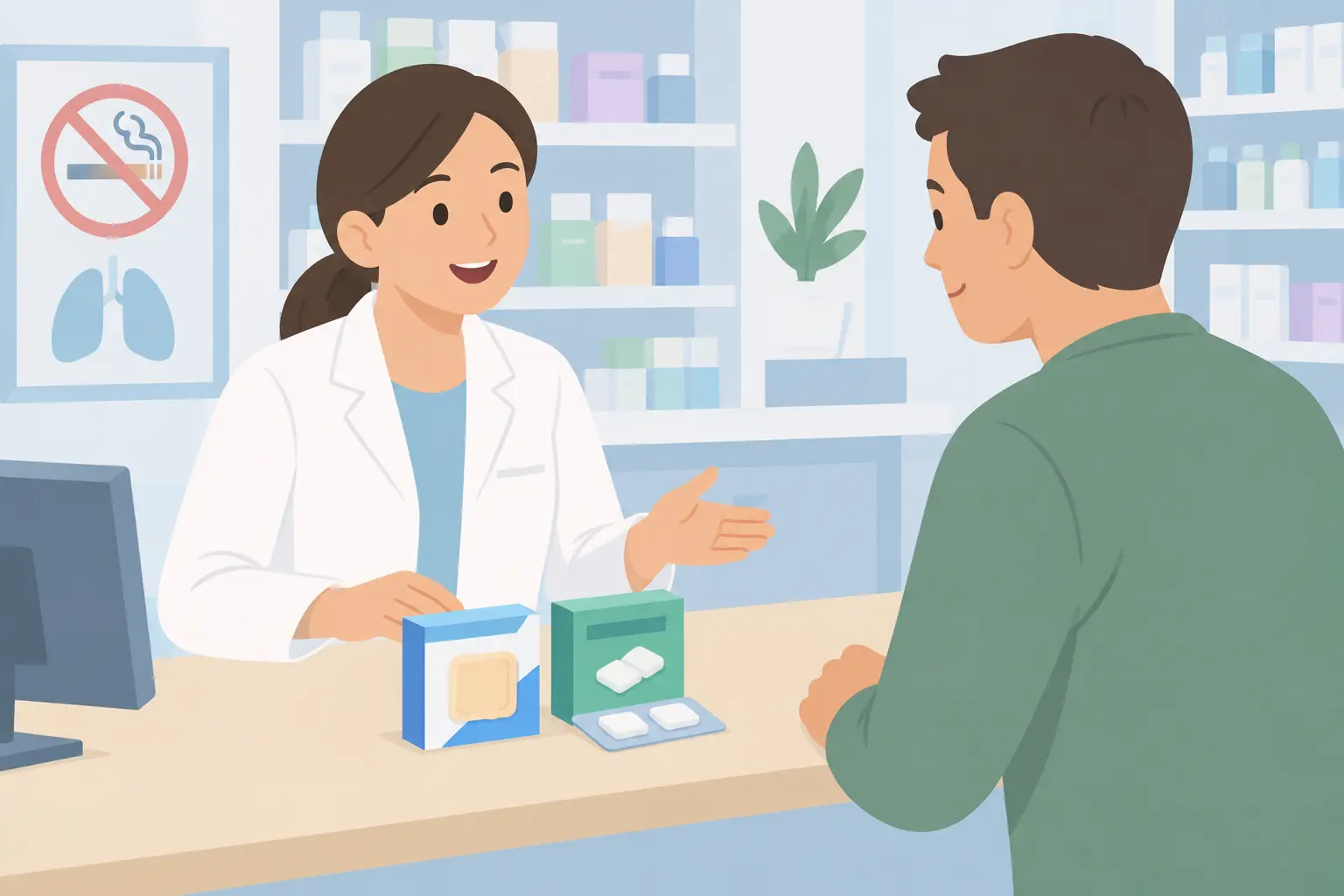 Illustration of a pharmacist advising a customer about stop-smoking products at a pharmacy counter