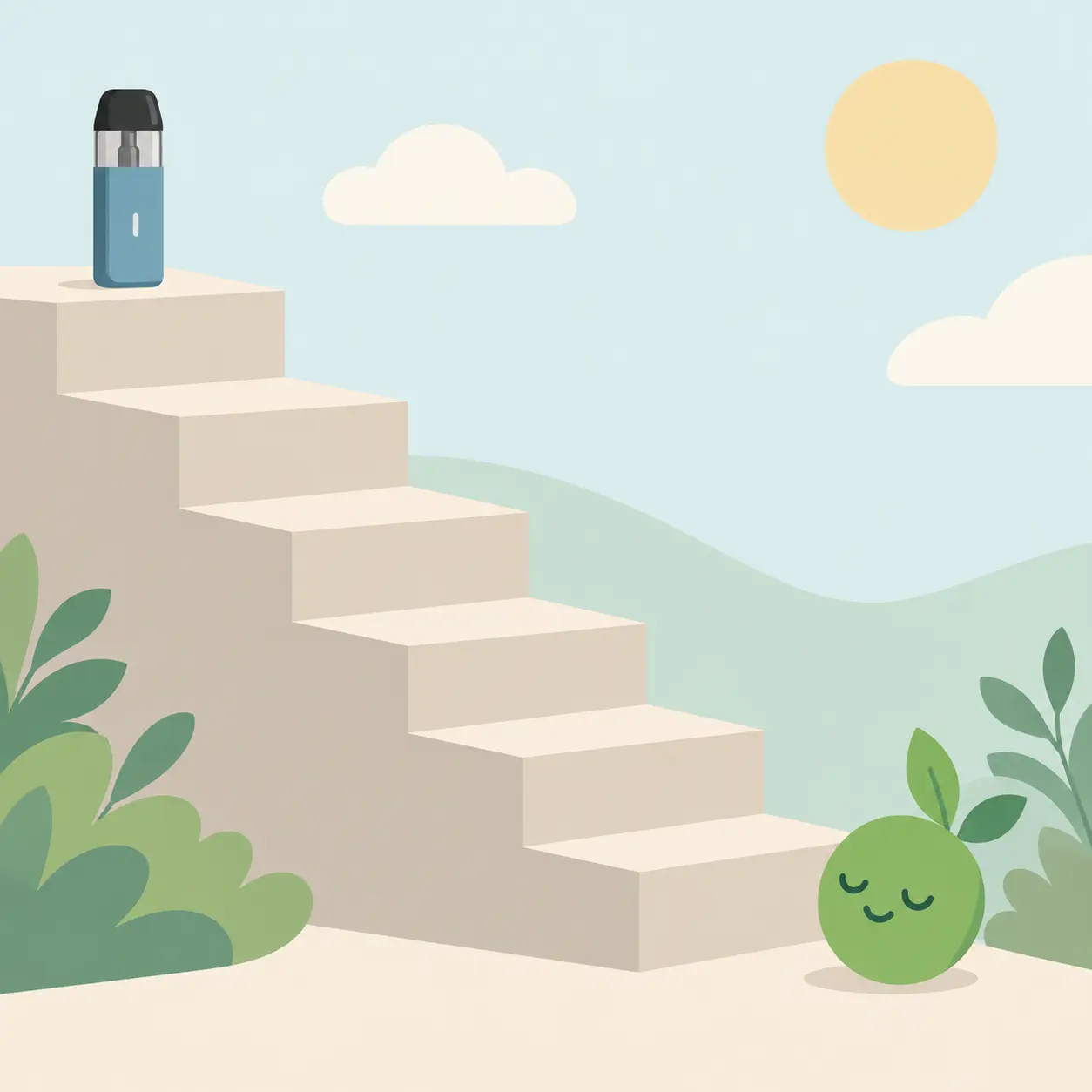 Illustration of a staircase stepping down from a vape pod to a calm nicotine-free finish