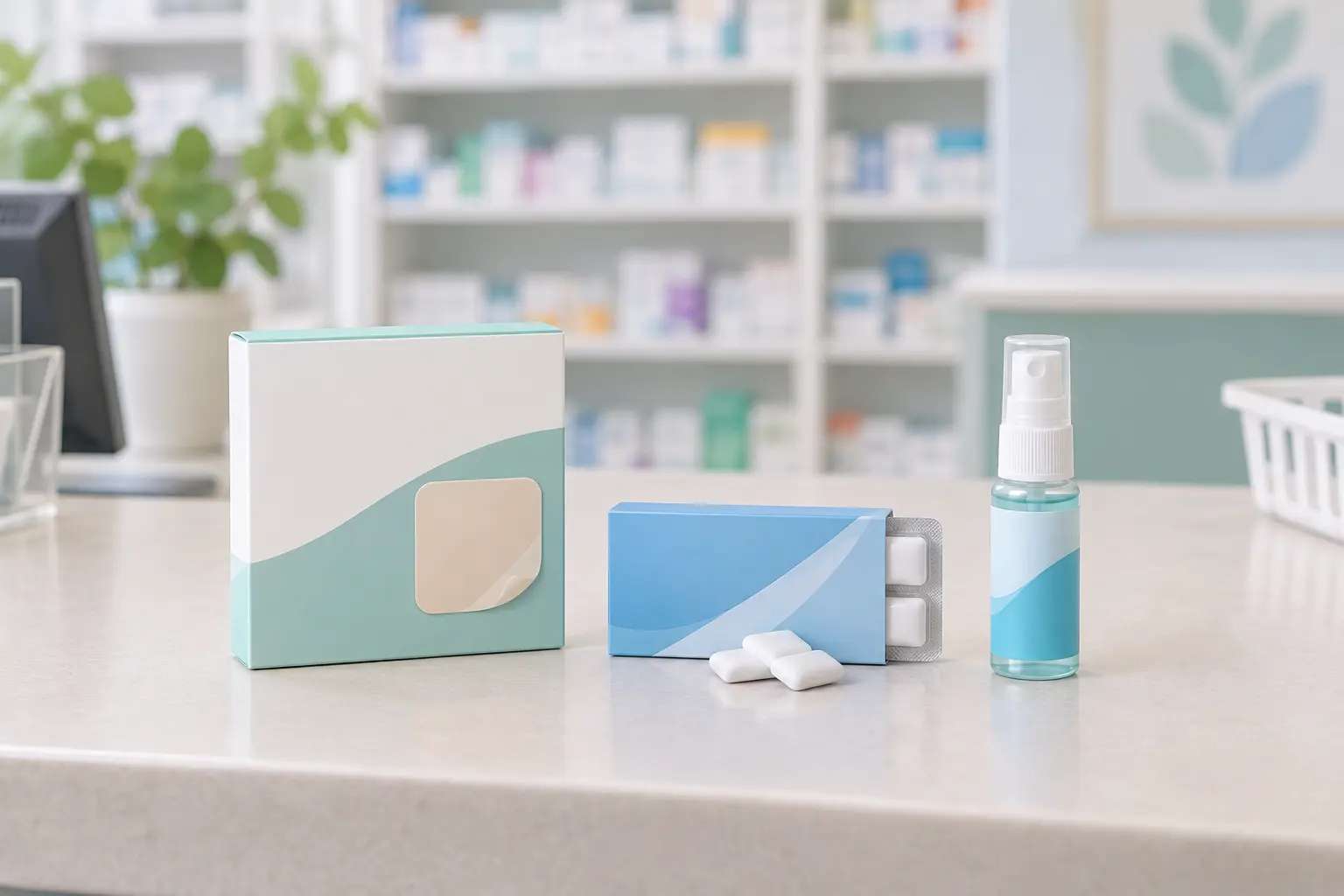 A pharmacy counter with a nicotine patch, gum and a mouth spray laid out neatly