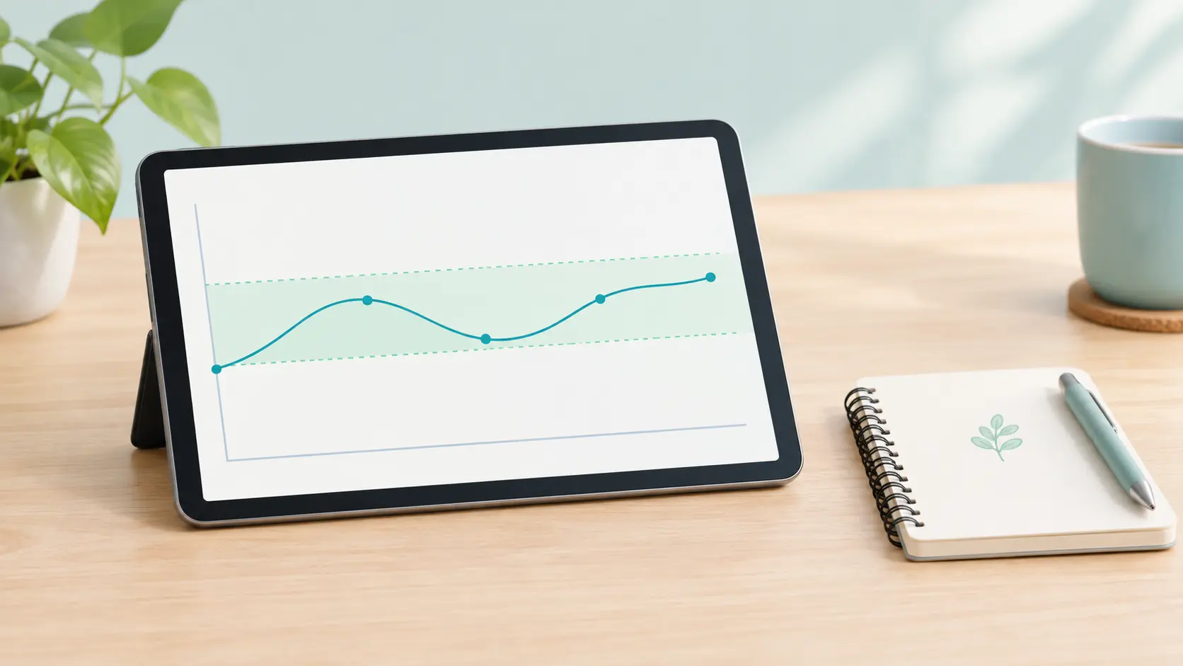 Pastel chart with a target band, a tablet and a notebook illustrating how a blood thinner dose is tuned with regular checks