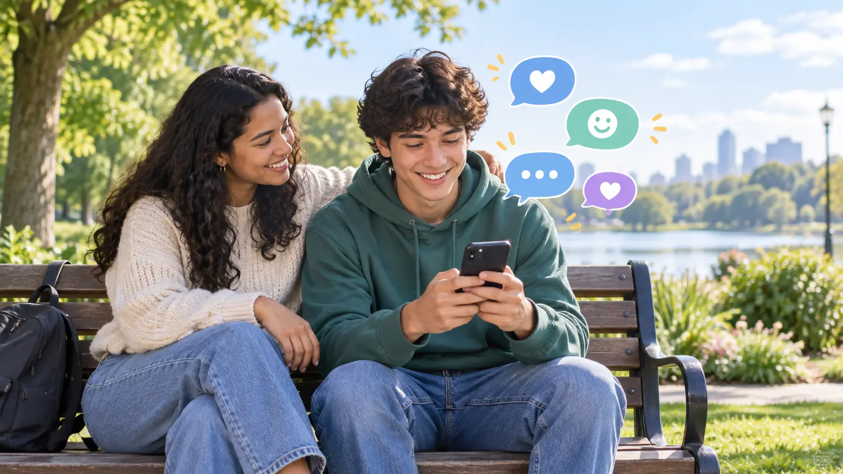 Illustration of a young adult using a phone for quit support with a supportive friend beside them