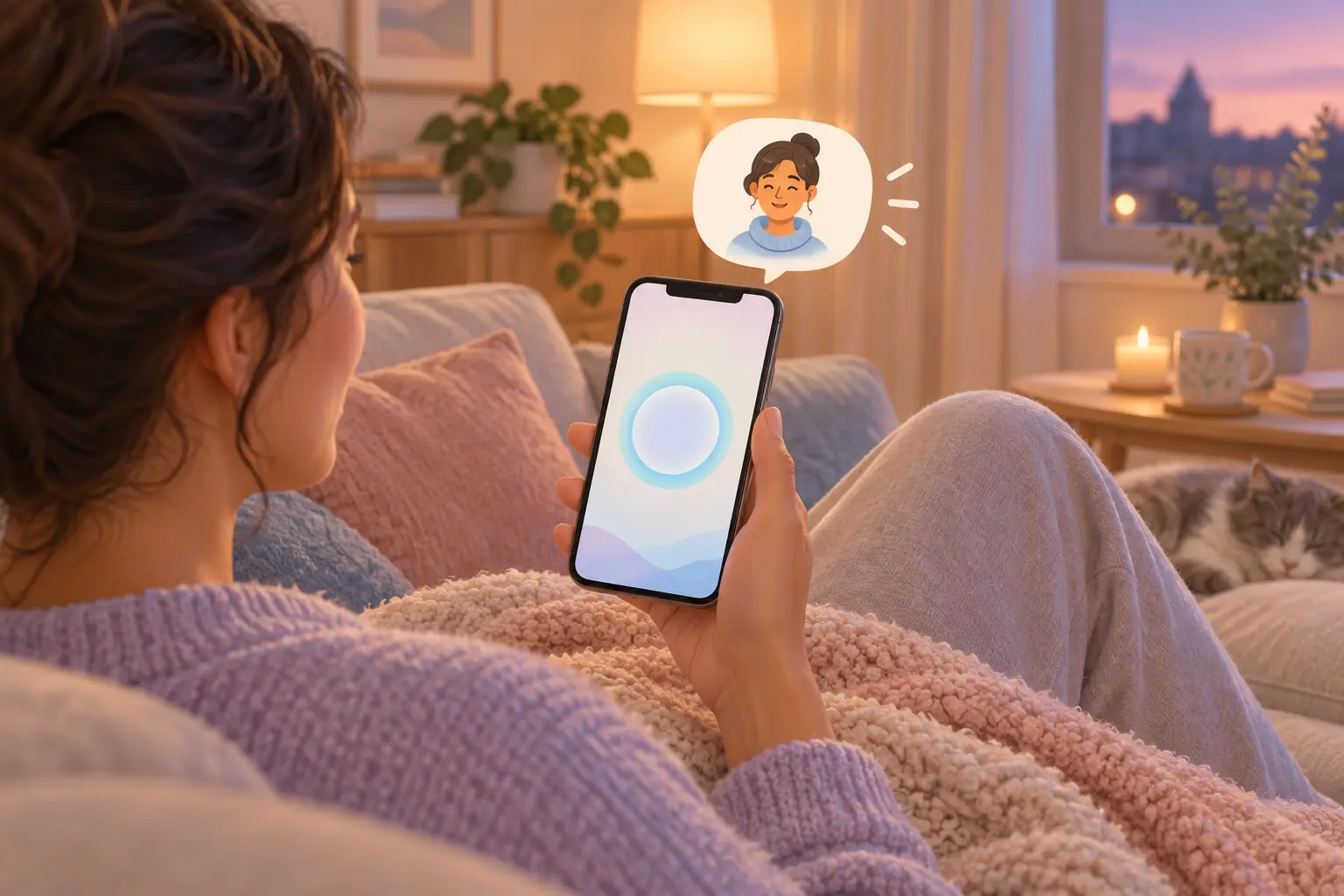 Person on a sofa holding a phone with a calm breathing circle and coach chat bubble, showing on-demand app support
