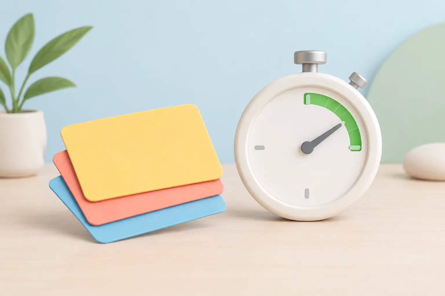 Stacked cards beside a stopwatch with a green arc representing a 28 day quit smoking target