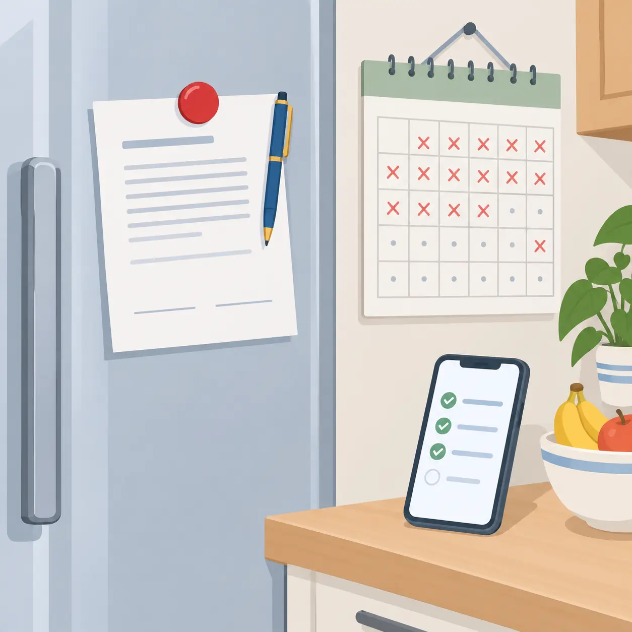 Quit smoking contract pinned to a refrigerator beside a calendar with crossed-off days and a phone showing a checklist
