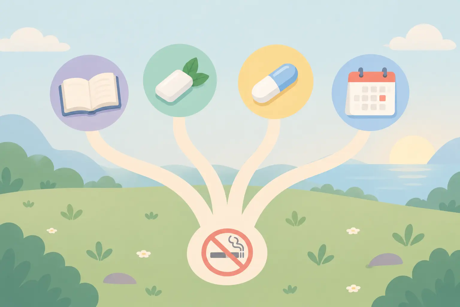 Illustration of branching paths toward a book, nicotine gum, medication and a calendar representing different quit-smoking methods
