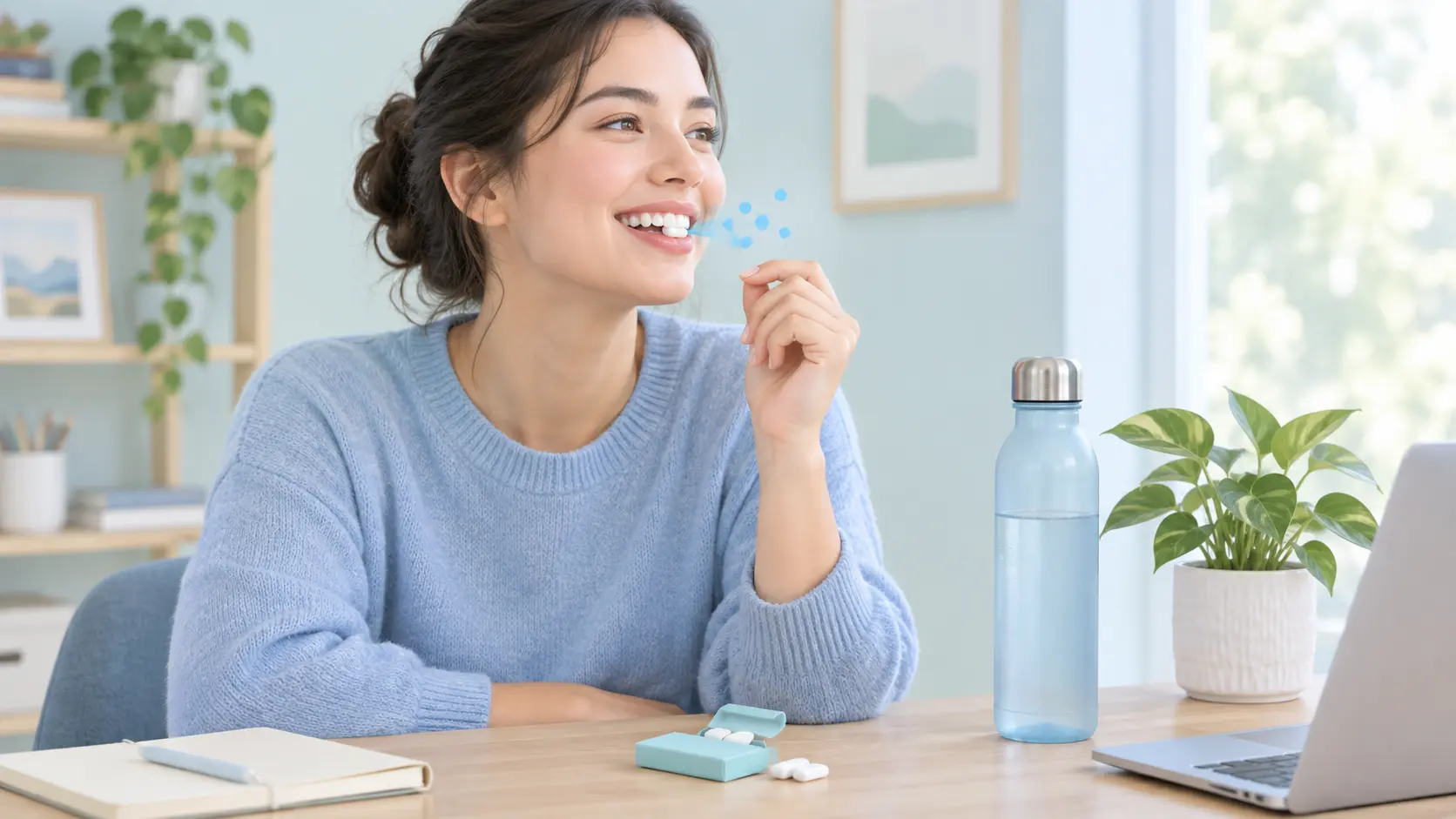 Person at a desk with a water bottle and sugar-free gum, keeping saliva flowing to ease a dry mouth