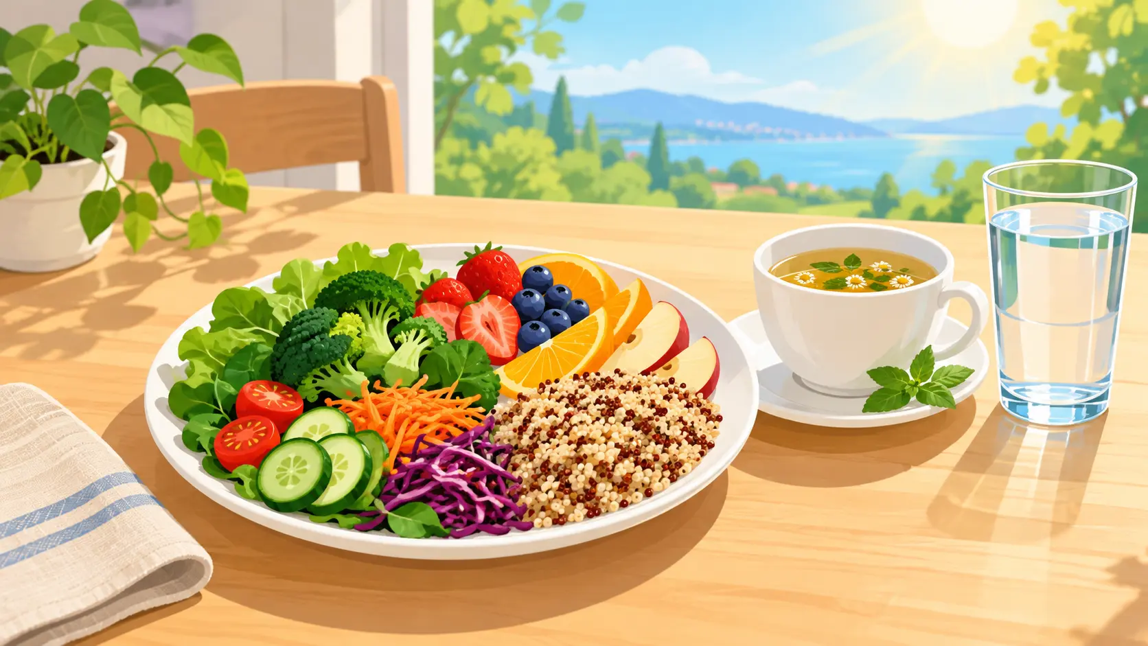 Illustration of a balanced plate of vegetables, fruit and grains beside a cup of herbal tea and a glass of water