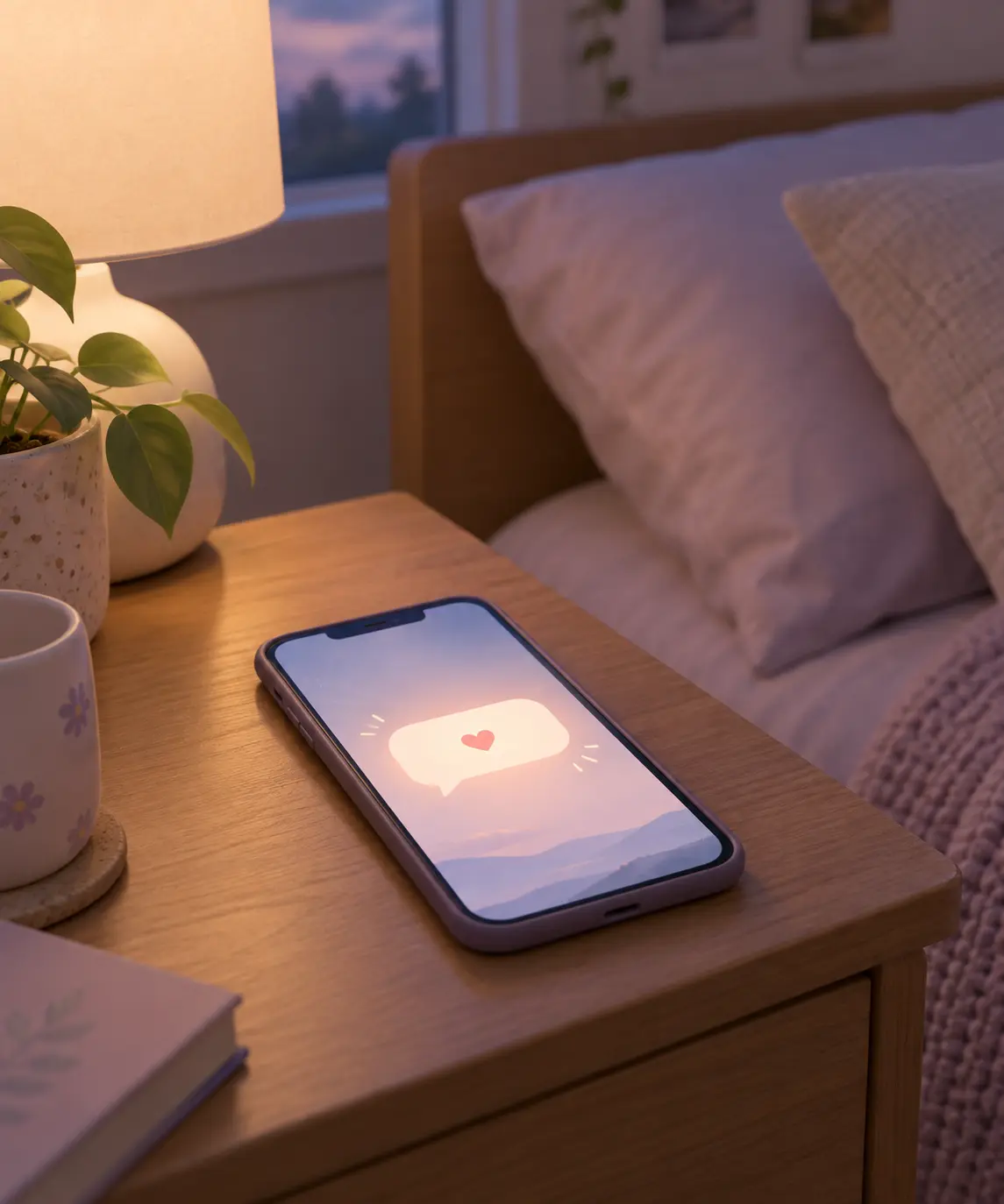 Phone on a bedside table lighting up with an encouraging message bubble and a heart during a craving