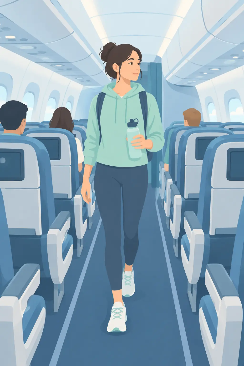 Illustration of a traveler walking in an airport aisle to keep circulation moving on a long journey