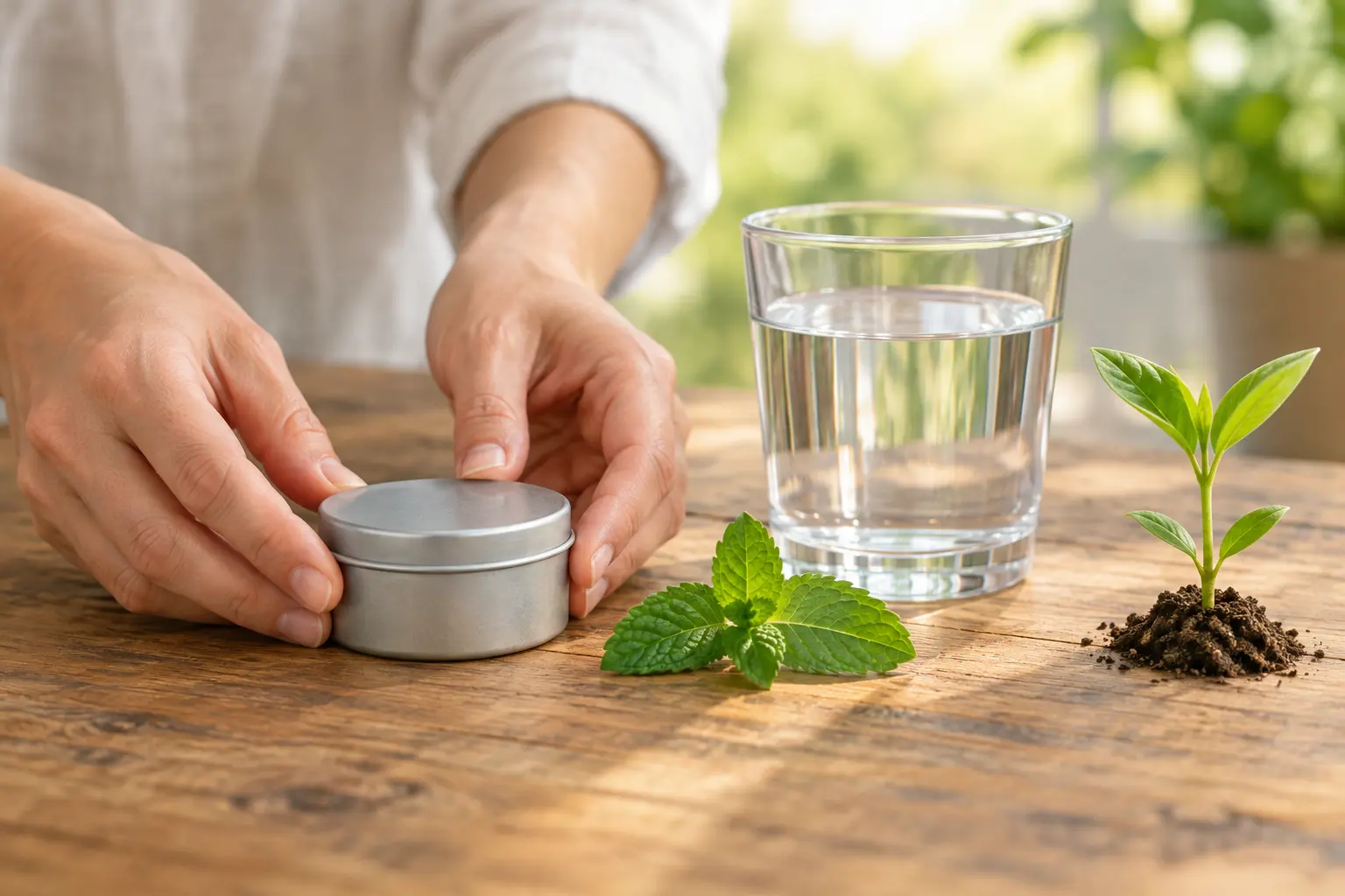 Illustration of hands setting aside a plain tin beside a glass of water and a green sprout