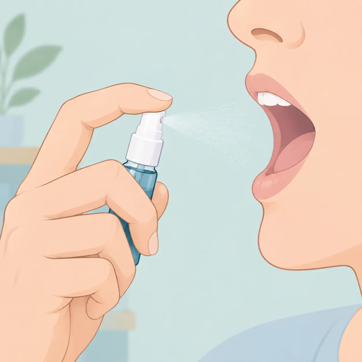 A close-up illustration of a person holding a nicotine mouth spray bottle near an open mouth, soft pastel colors