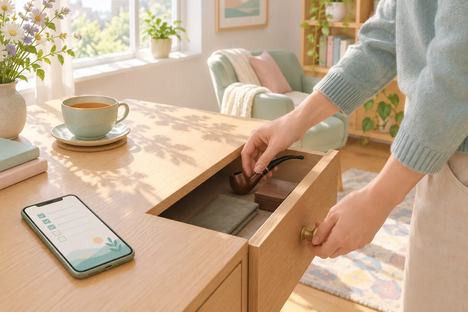 Person putting a tobacco pipe away in a drawer beside a cup of tea and a phone