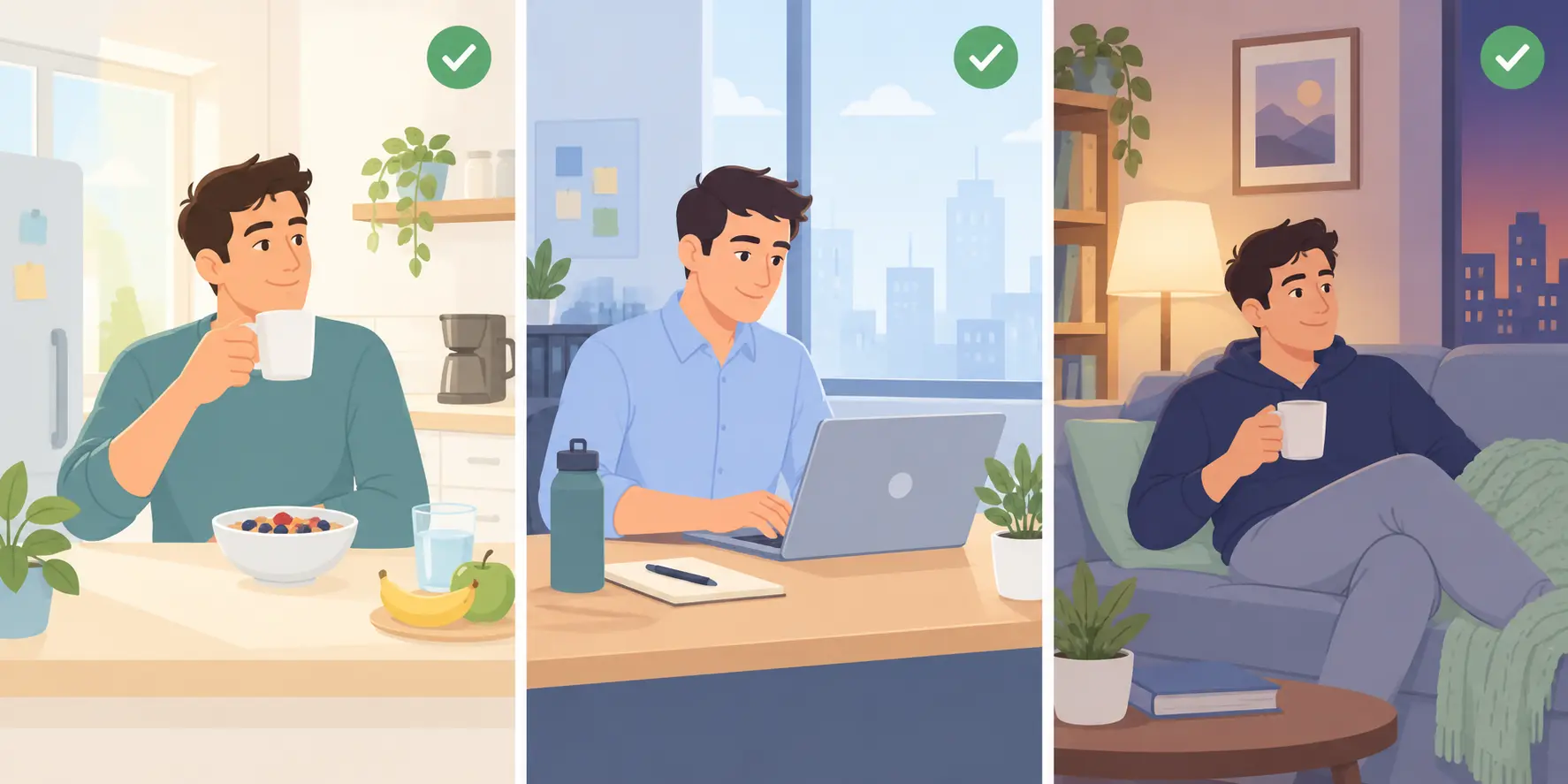 Illustration of morning, afternoon and evening scenes with green ticks representing a daily quit routine for a busy adult
