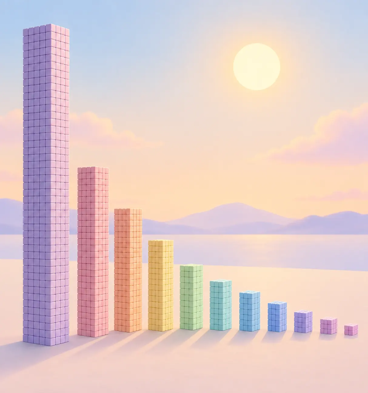 Illustration of a tall tower of small squares shrinking into a shorter tower representing global cigarette consumption slowly declining