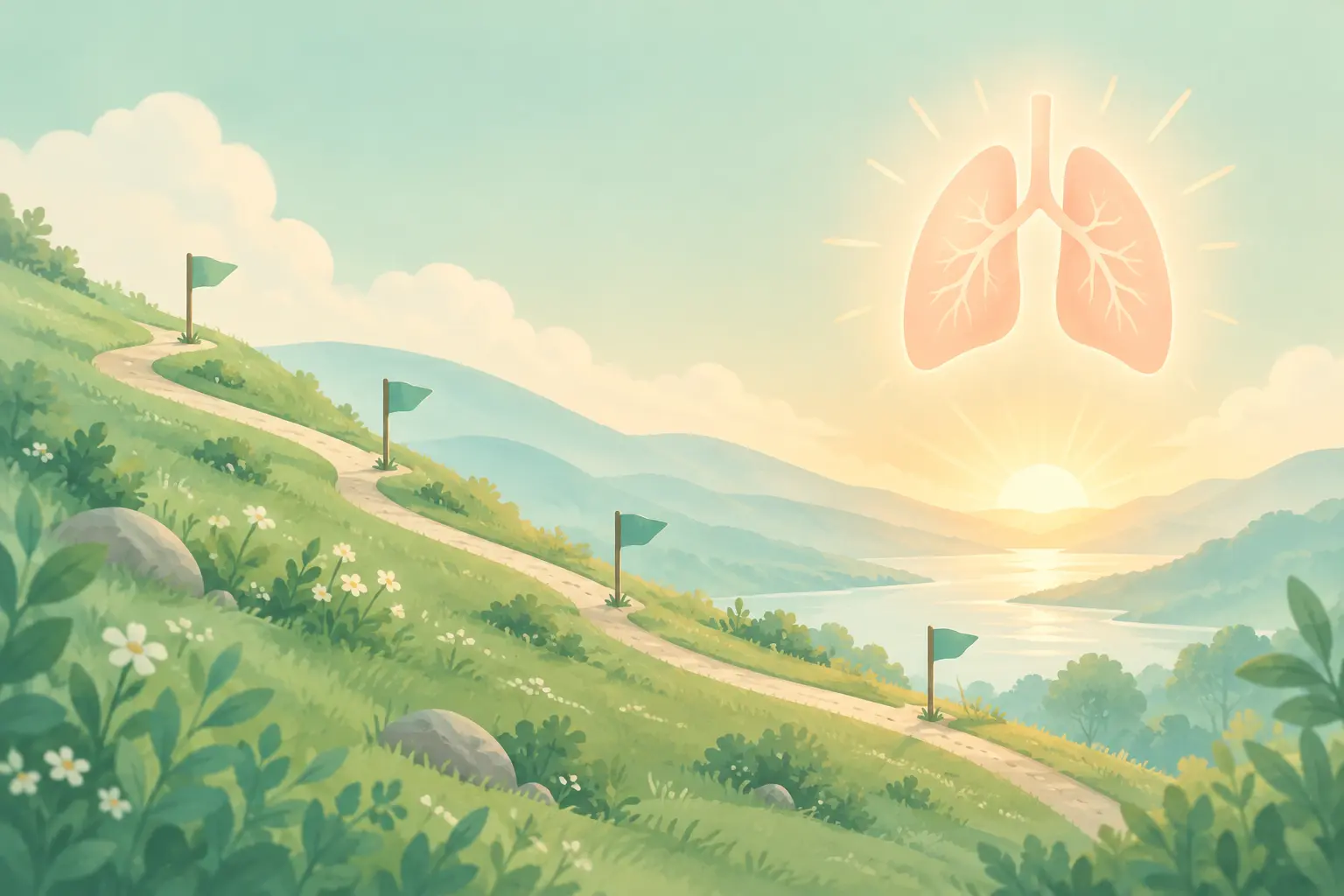Downward hillside path with year flags and a healthy glowing organ outline, showing pancreatic cancer risk falling after quitting smoking