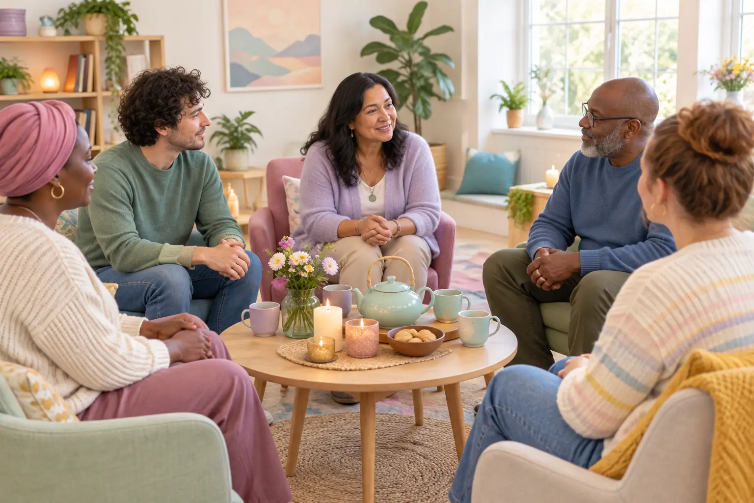 Illustration of a diverse group sitting in a circle in a community room, supporting one another