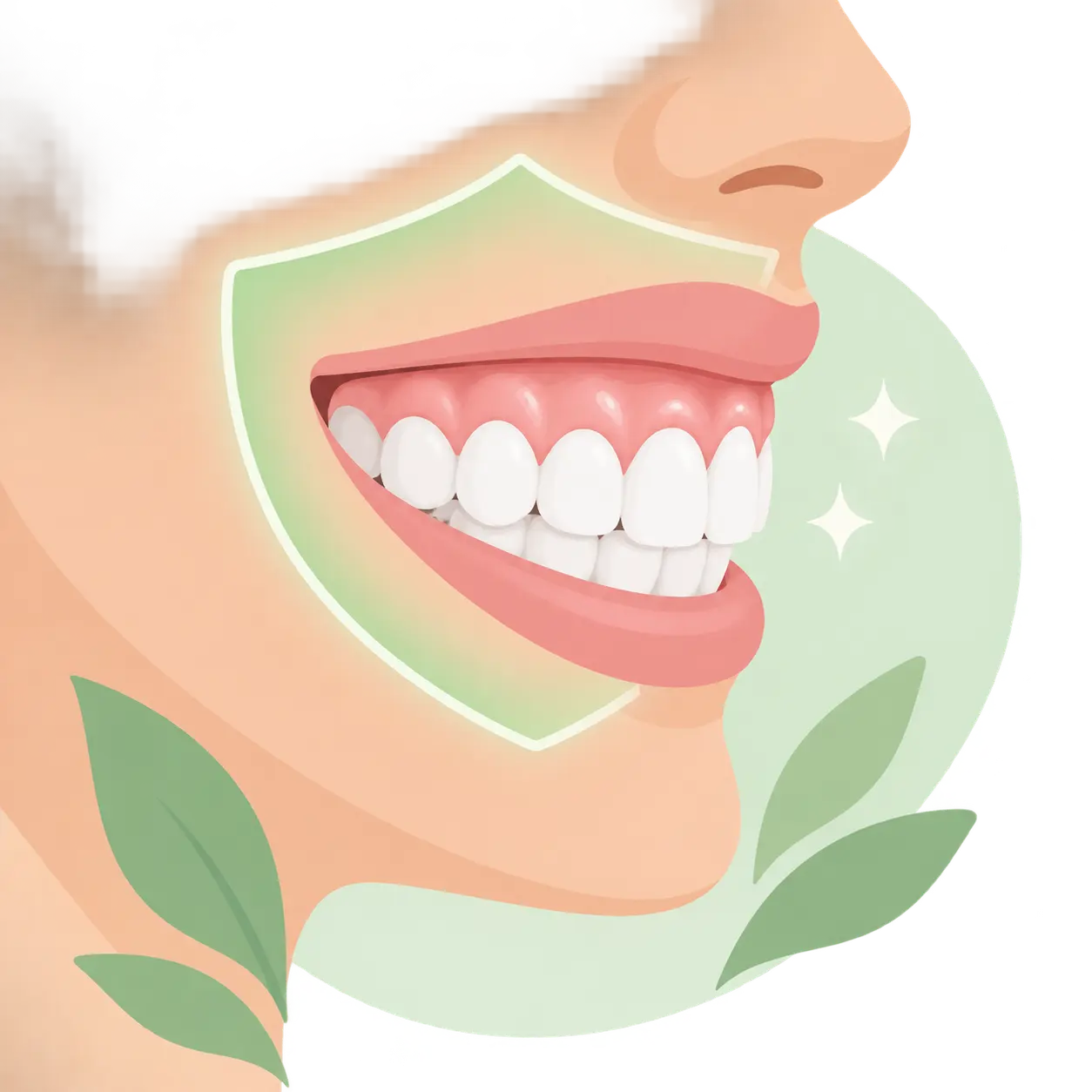 Illustration of teeth and gums with a soft shield representing oral health concerns with dip and nicotine pouches