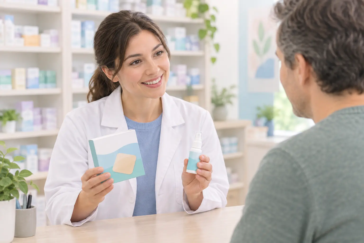 Illustration of a pharmacist showing a nicotine patch box and a mouth spray to a customer