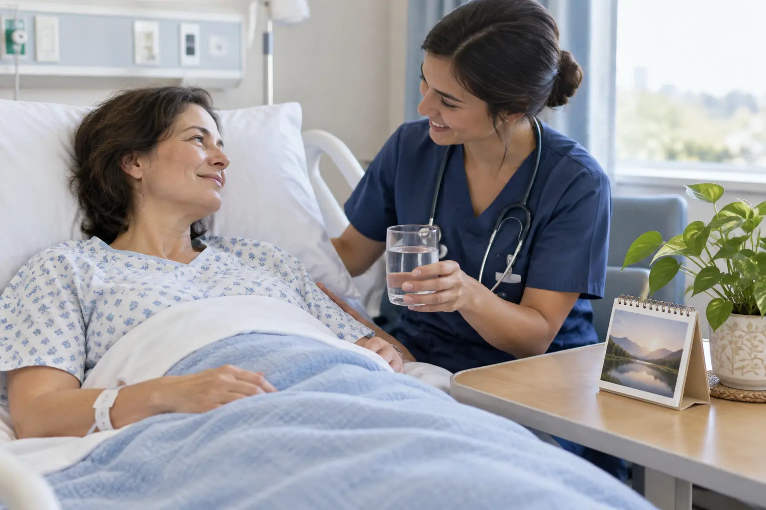 Illustration of a patient recovering with a nurse beside a hospital bed, representing quitting smoking after pancreatitis