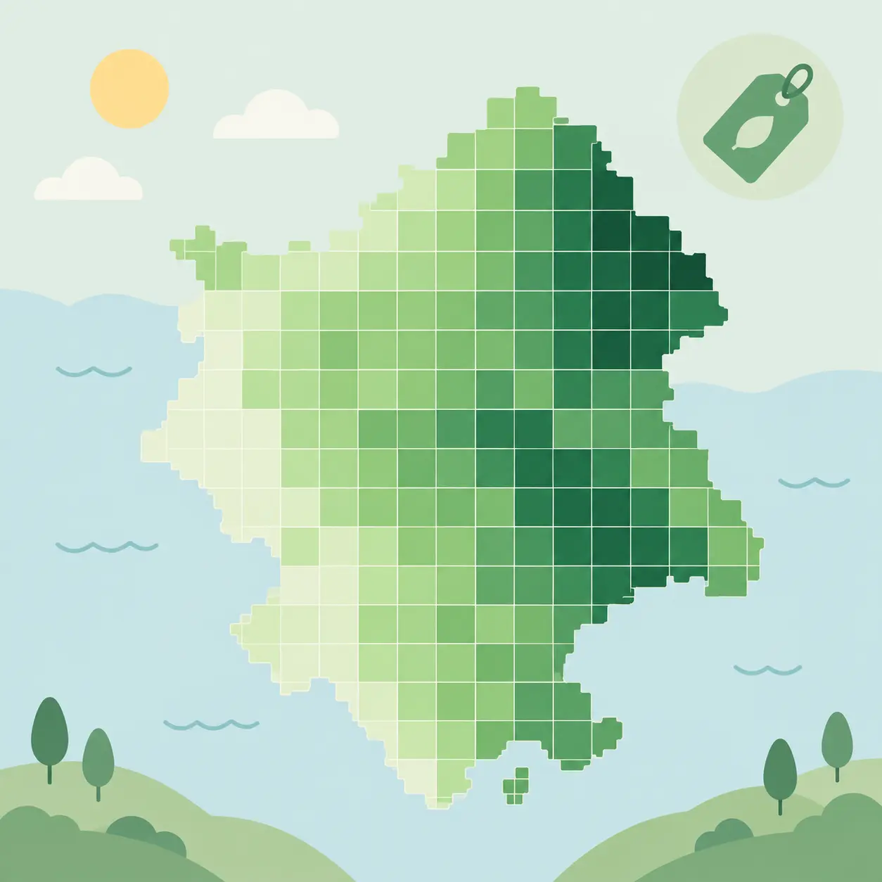 Abstract grid of squares shaded from light to dark green with a price tag, showing prices differ by region