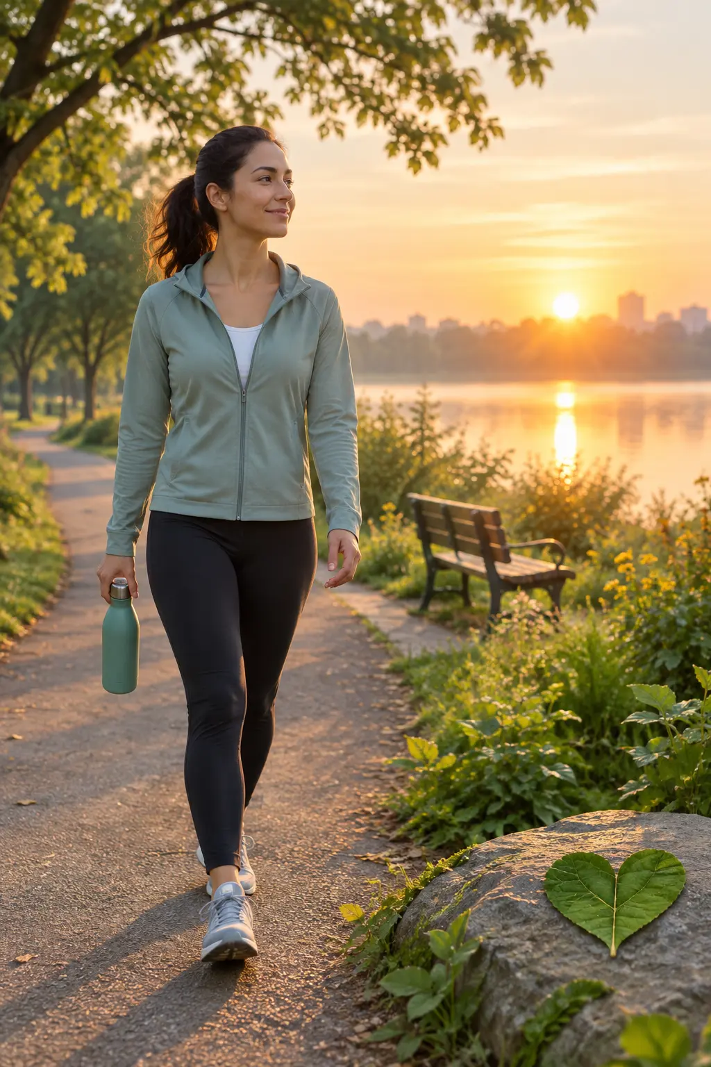 Illustration of a person walking calmly on a park path at sunrise carrying a water bottle