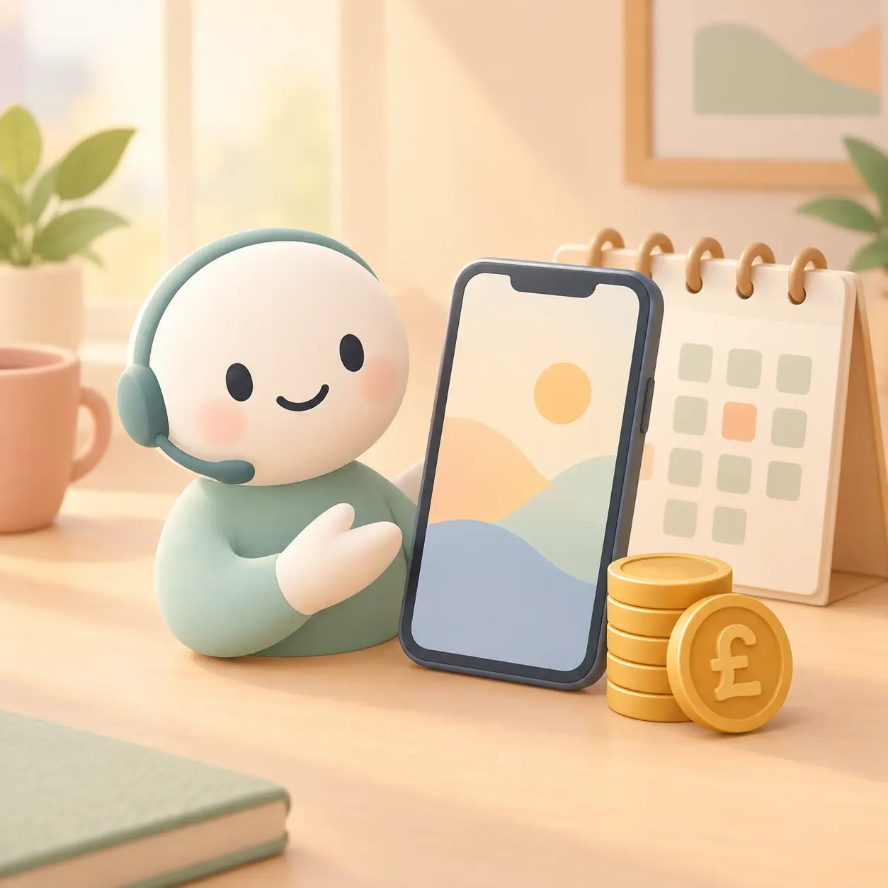 Phone and a friendly helper icon beside a stack of pound coins representing UK stop smoking support and money saved