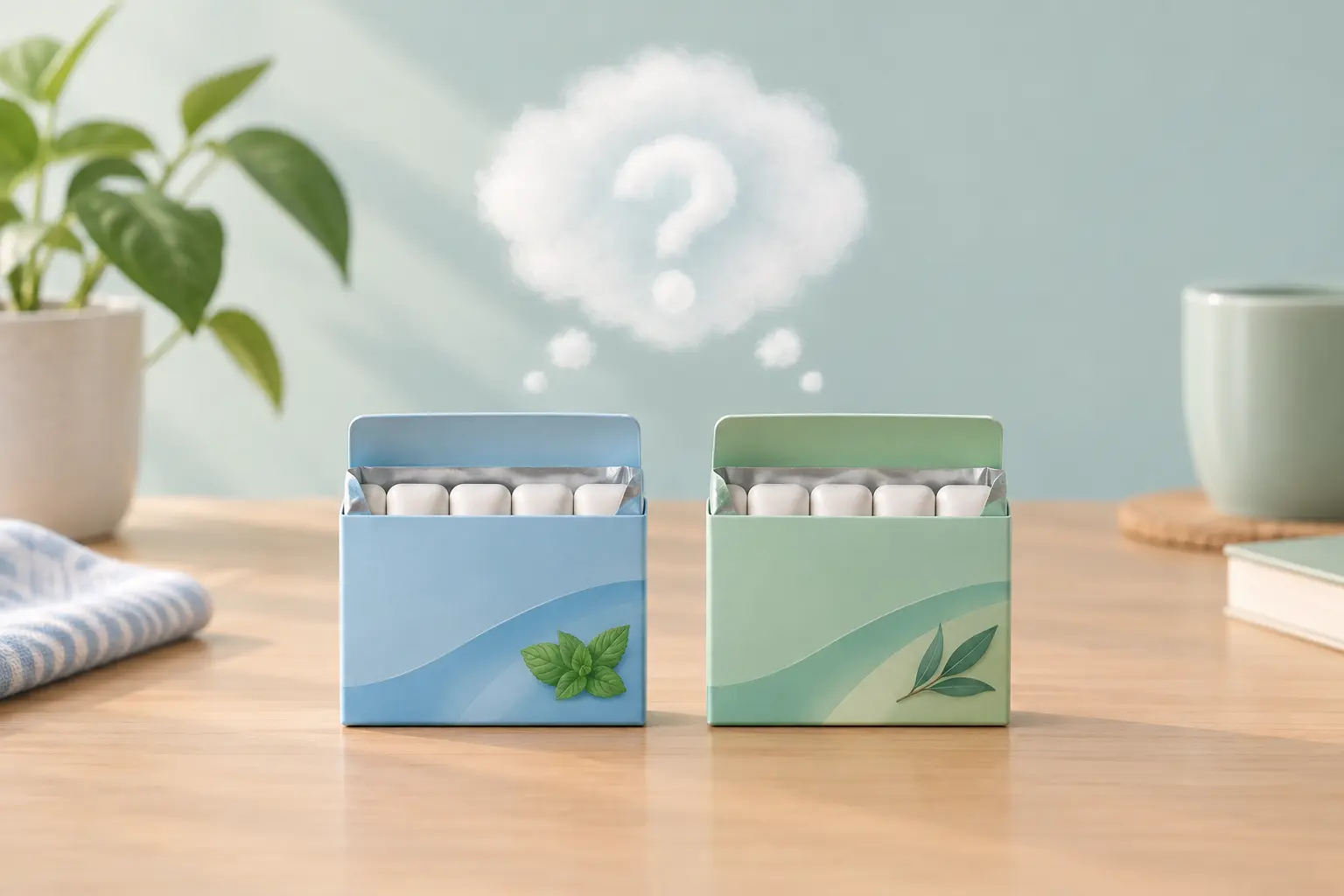 Illustration of two nicotine gum boxes side by side with a question mark, representing choosing between brands