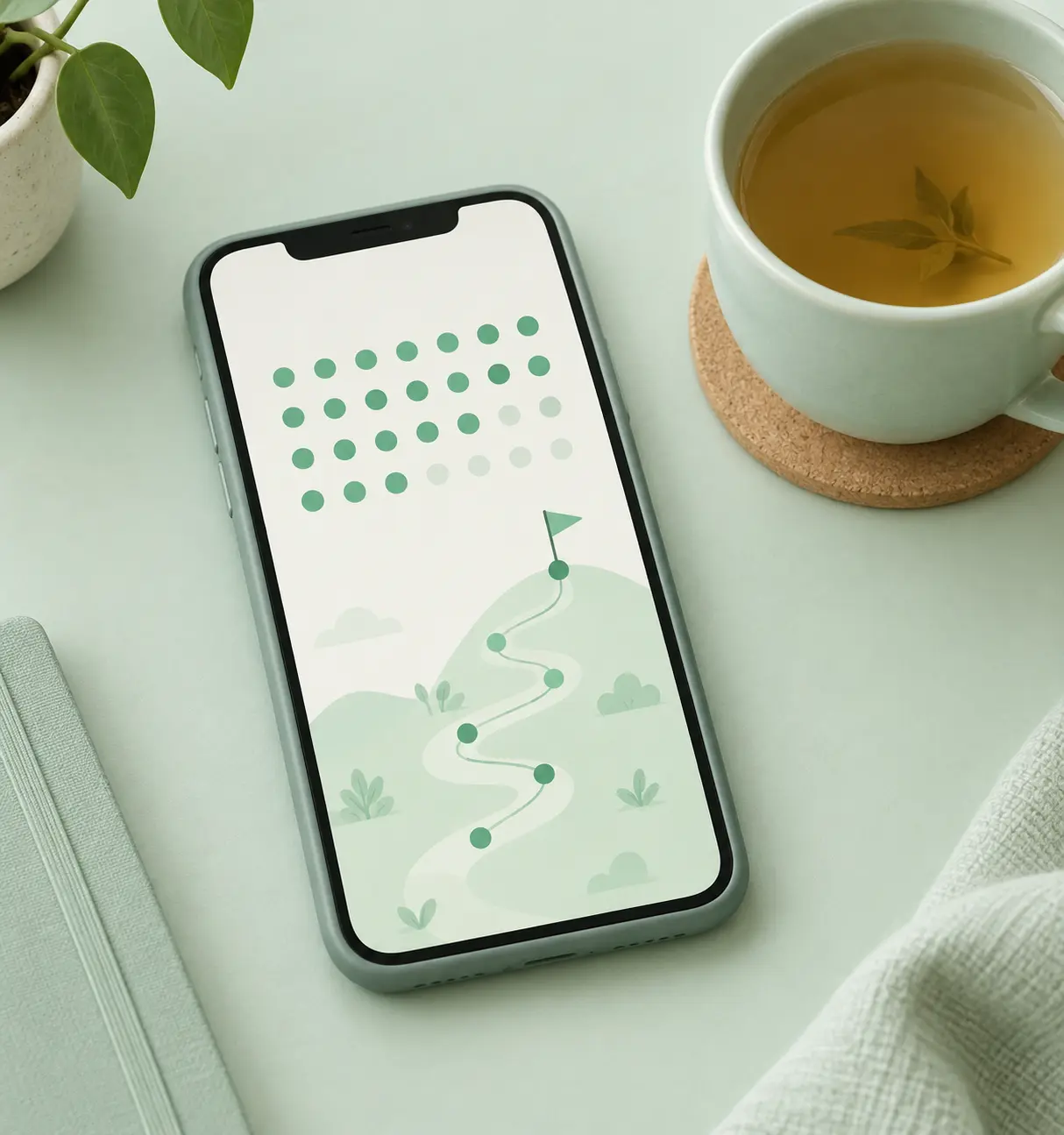 Illustration of a phone showing a streak calendar and a progress path for a quit smoking goal tracker
