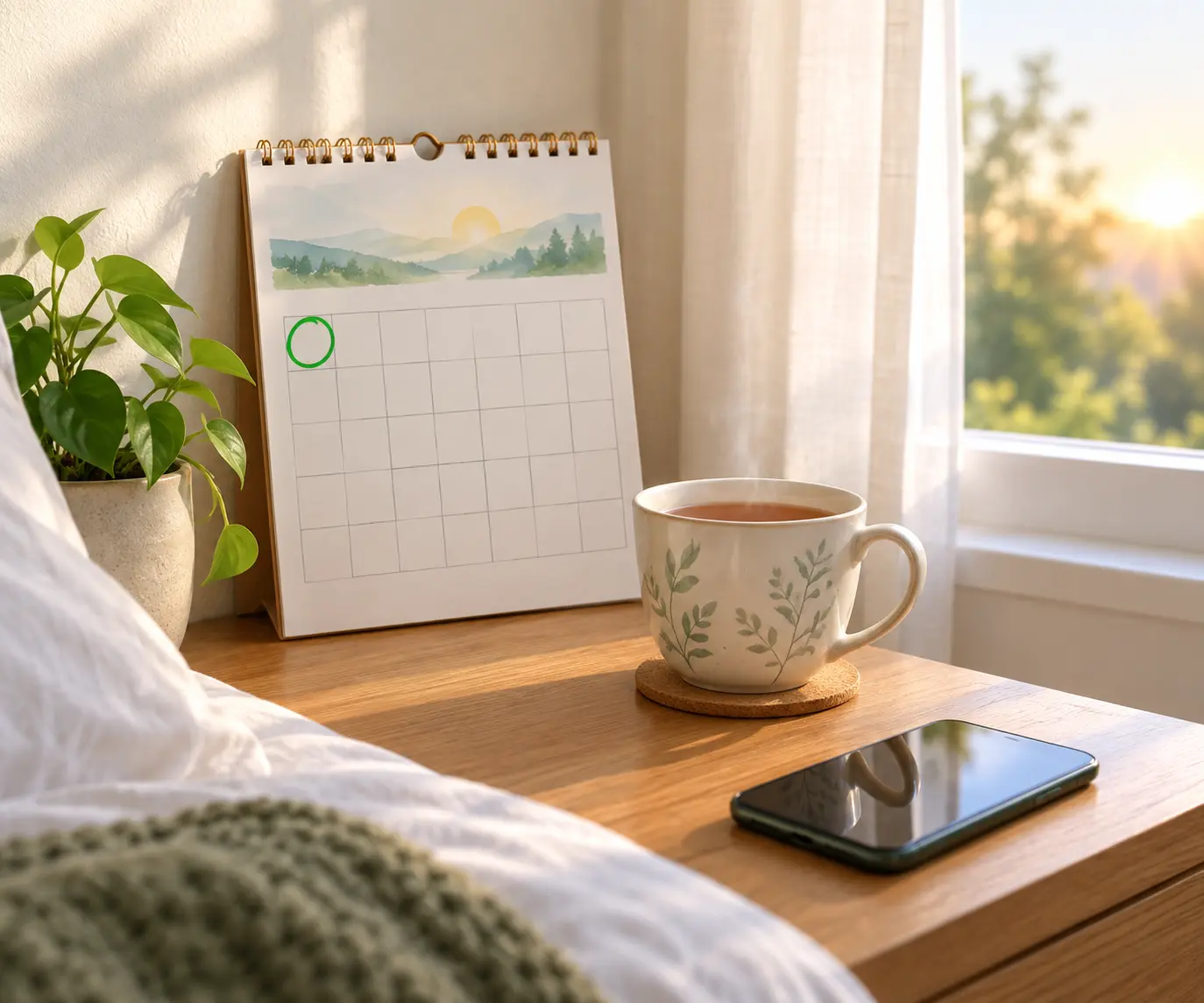 Illustration of a calendar with the first day circled beside a cup of tea and a phone