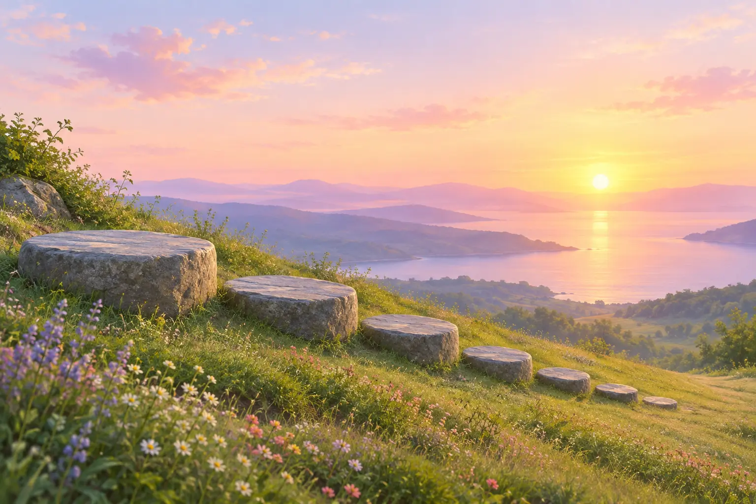 Illustration of descending stepping stones leading toward a sunrise to represent smoking rates falling over decades