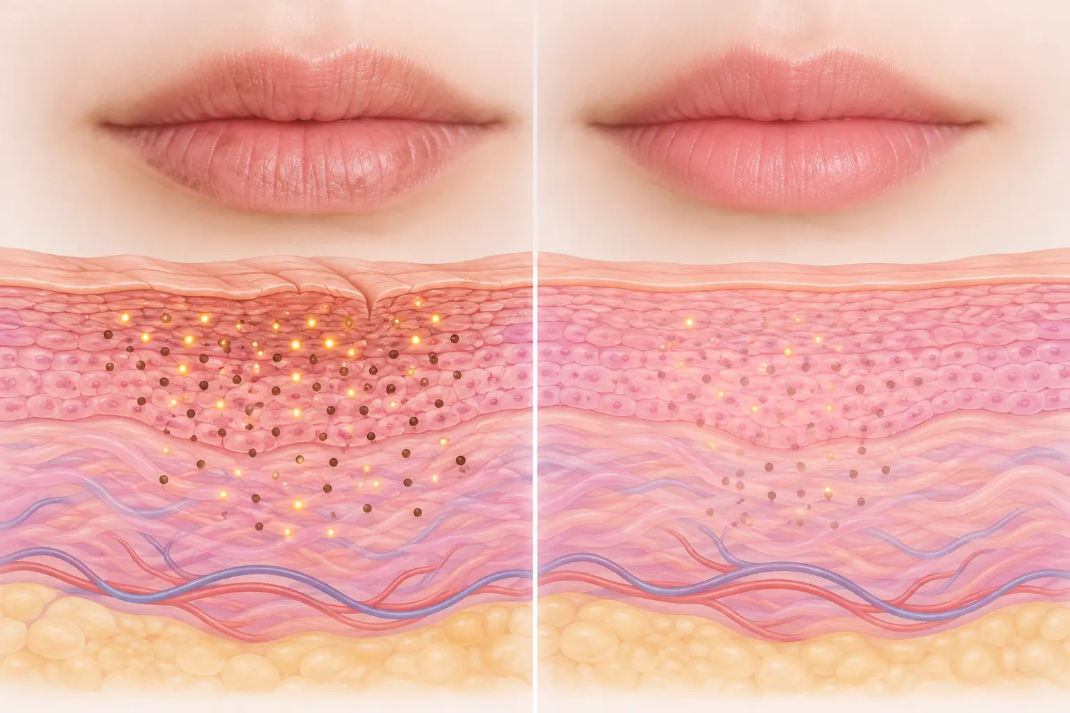 Illustration of lip skin layers showing pigment and fine lines softening, representing changes in smokers lips