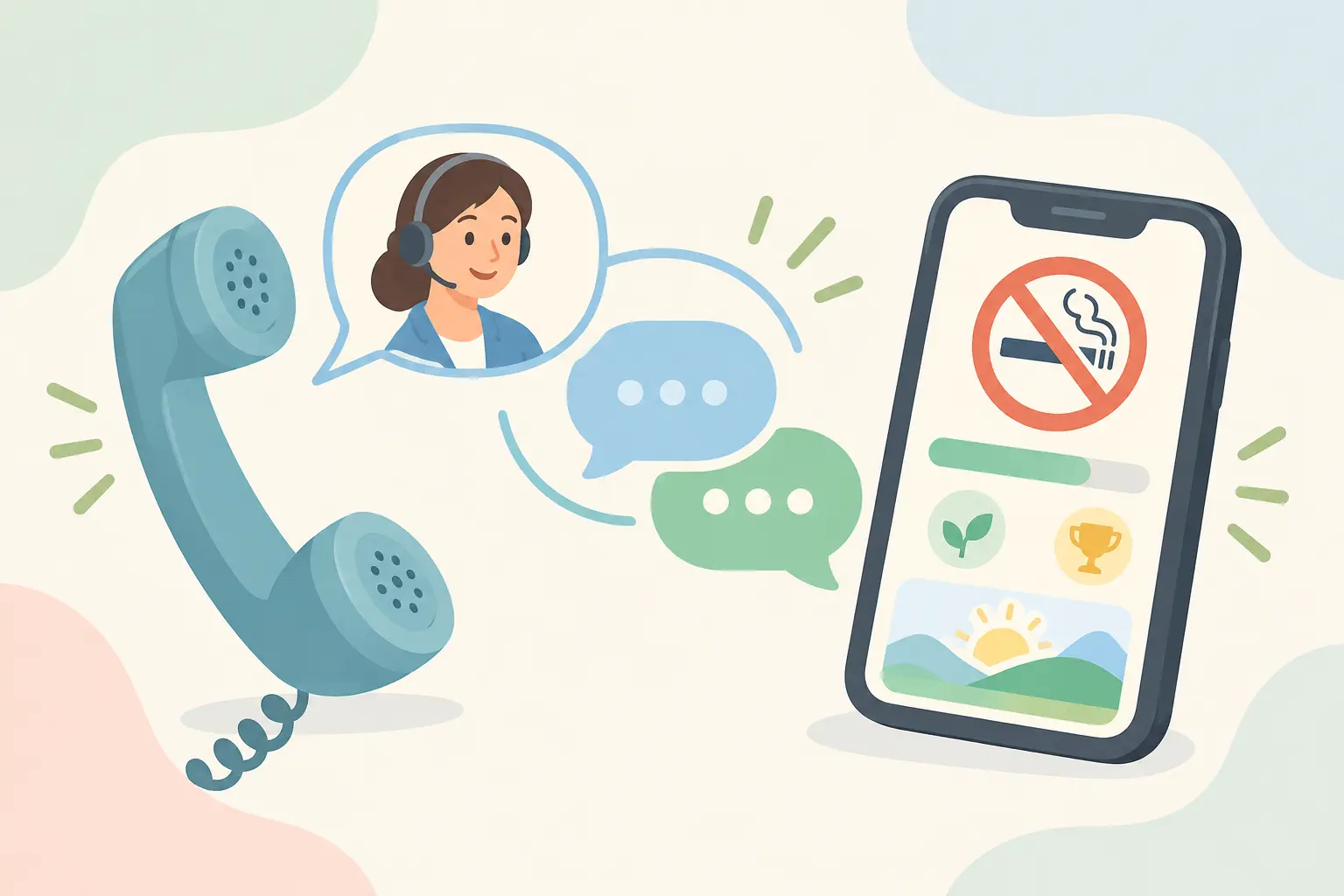 Telephone handset and smartphone linked by speech bubbles showing a quitline paired with a quit smoking app