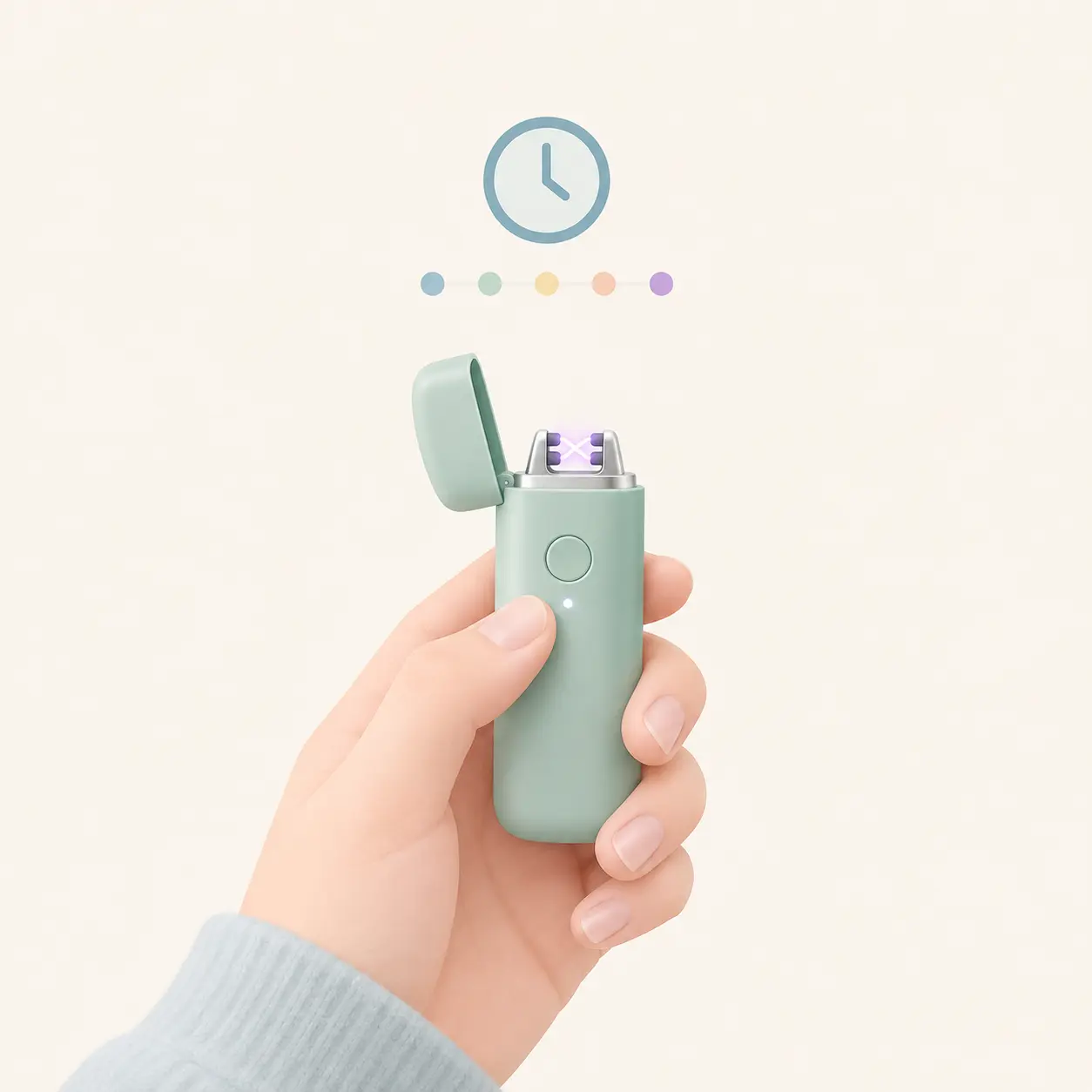 Electronic lighter with a clock icon and a row of timestamp dots showing how a smart lighter logs each light-up