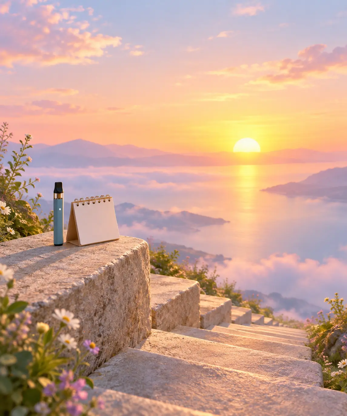 Illustration of a staircase of steps leading down from a vape pen toward a rising sun beside a calendar