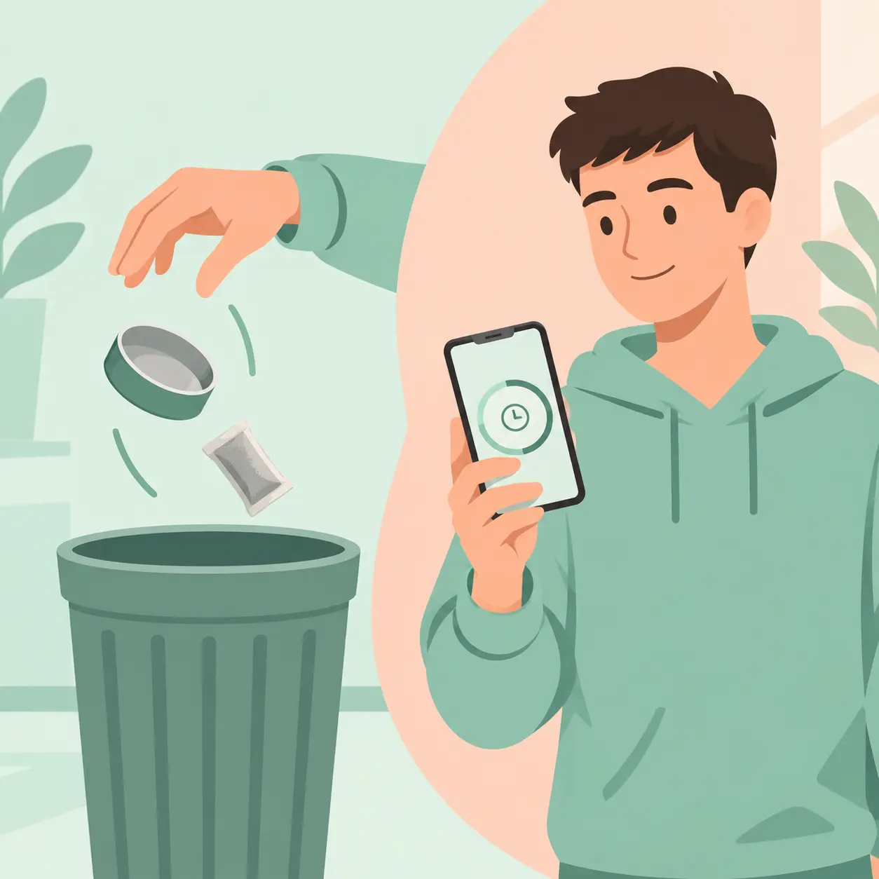 Illustration of a person throwing away a dip tin and a nicotine pouch can while holding a phone for craving support