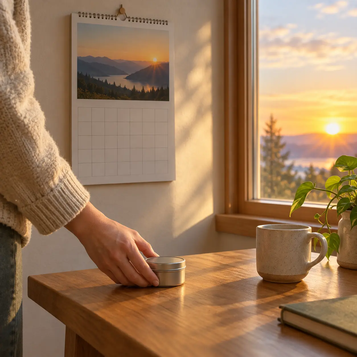 Illustration of a person setting a tobacco tin down beside a calendar and a rising sun