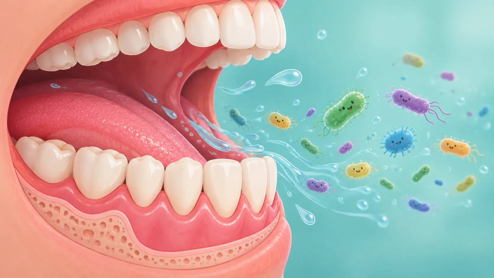 Illustration of teeth and gums with bacteria and saliva droplets showing why smoker's breath lingers